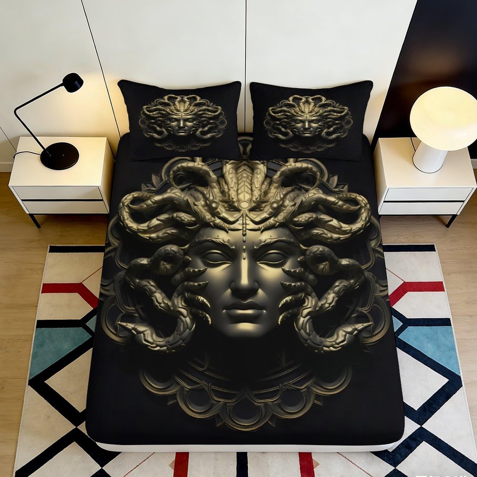 3D Printed Medusa Head Fitted Sheet Microfiber Soft Black Gold Snake Art Bed Cover for Bedroom Guest Room Decor 90x200x25cm