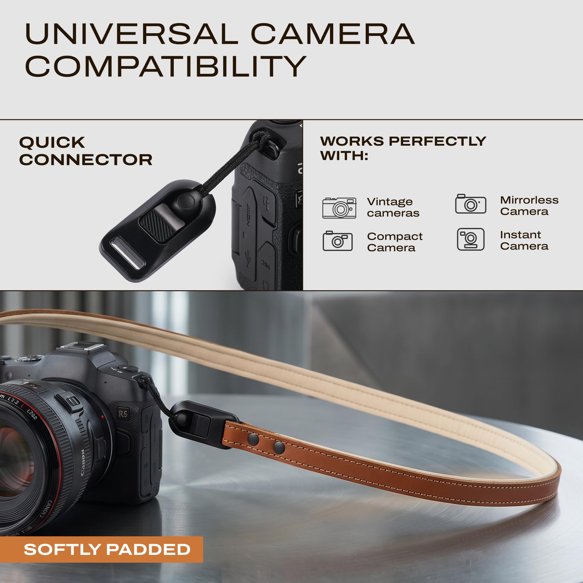 C Coiro Correa delgada de cuero para cámara con liberación rápida, correa de hombro ajustable para cámara DSLR SLR, compatible con todas las marcas de cámaras, acolchada/marrón