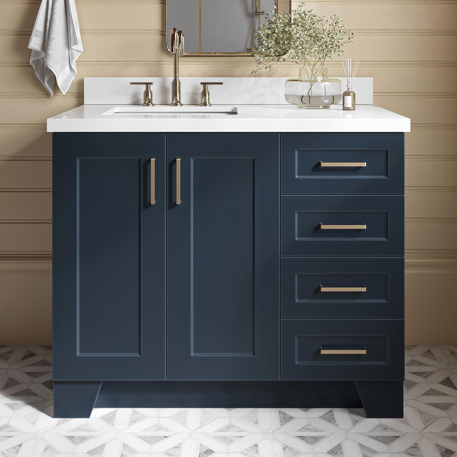 ARIEL 43" Midnight Blue Bathroom Vanity, 1.5" Edge Pure White Quartz Countertop & Splash, Rectangular Sink, 2 Soft Closing Doors, 5 Full Extension