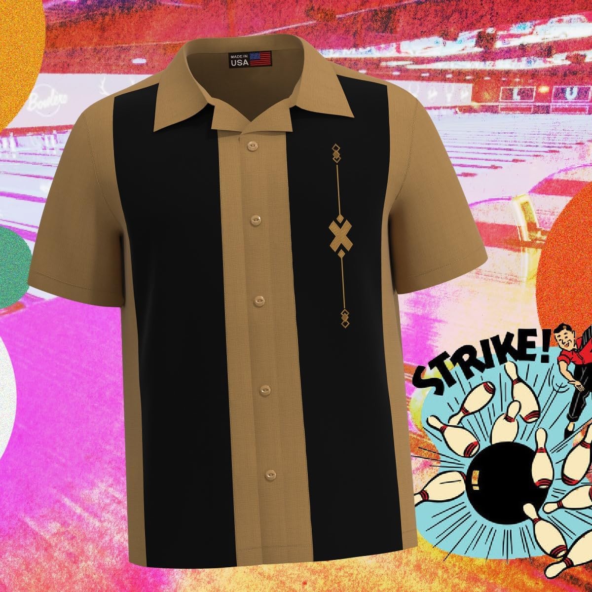 Men's Camp Cuban Short Sleeve Button-Down Bowling Camp Shirt ~ Vintage, Casual