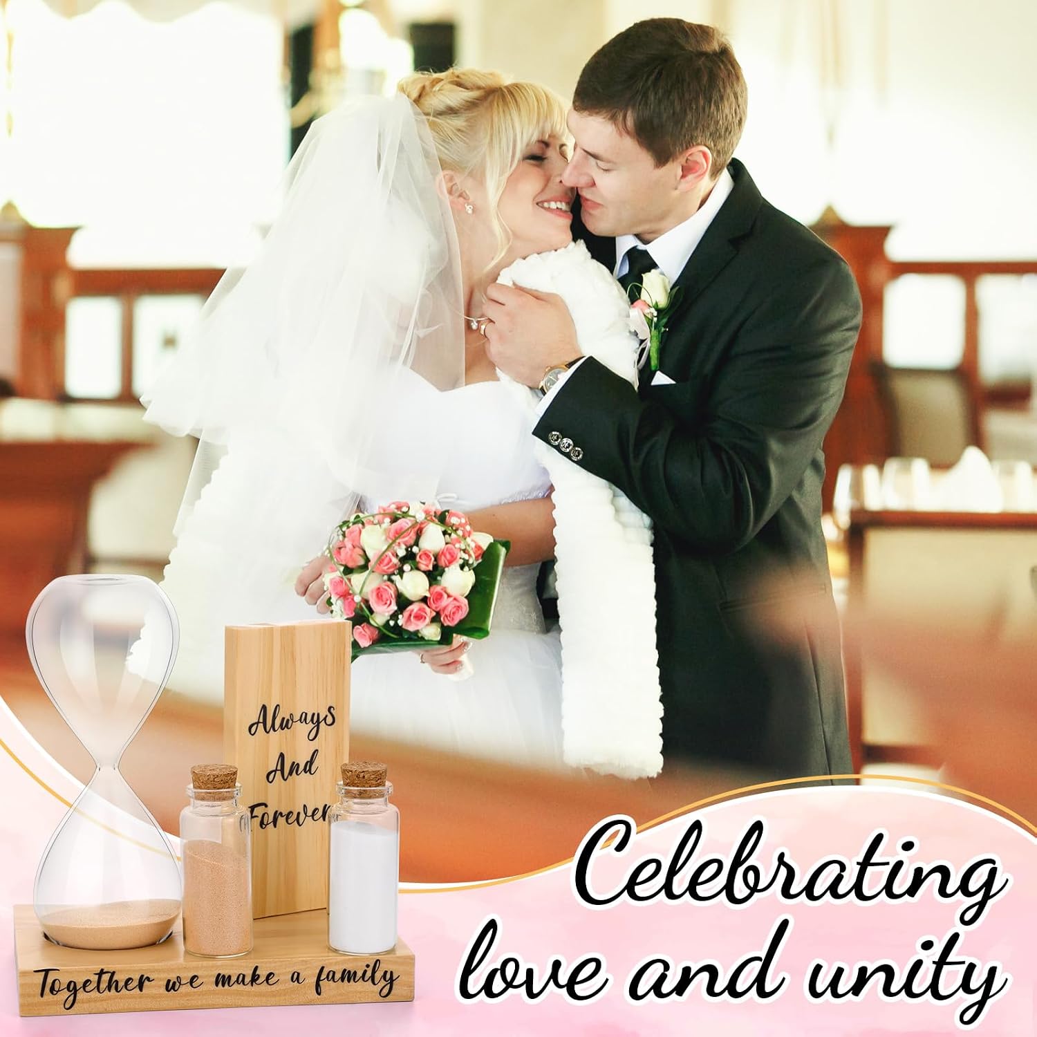 Unity Sand Wedding Ceremony Set Unity Ceremony Ideas Kit Include Wood Base Plaque Glass Hourglass Plastic Funnel 2 Mini Bottle 2 Dyed Sand for Wedding Marriage Bridal Party Decoration Supplies