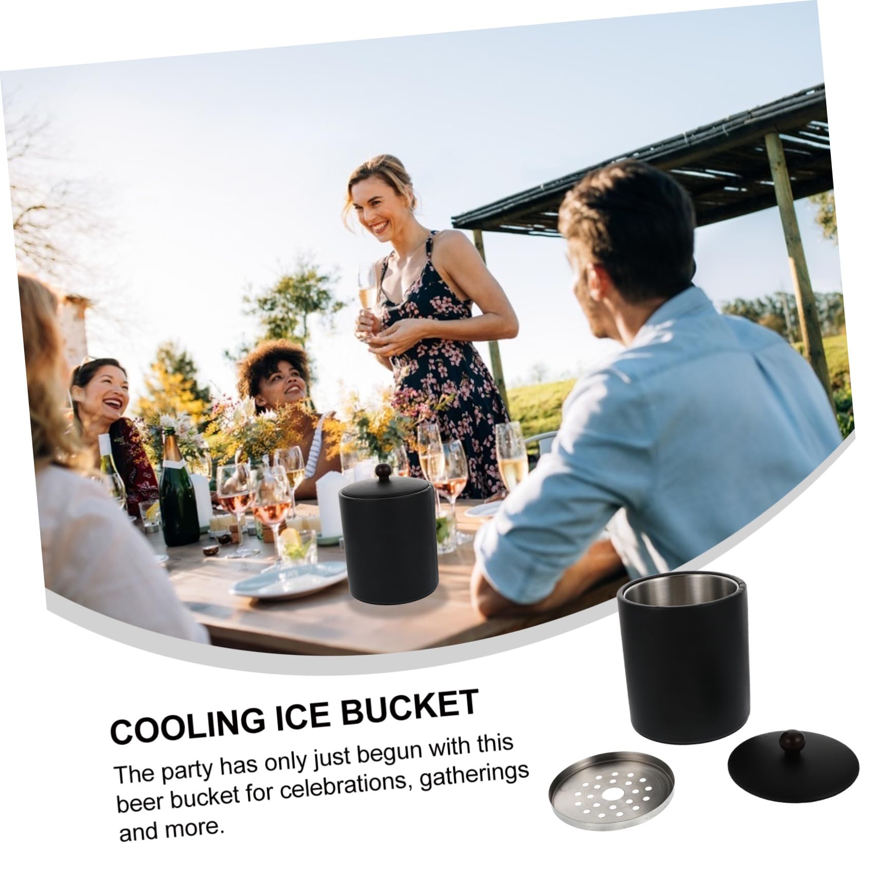 VALICLUD Cubitera de Acero Inoxidable, cubeta de Hielo Negra, con Tapa y Pinzas, Doble Pared aislada, para Vino y champán, 1 Pieza, para Celebraciones y reuniones