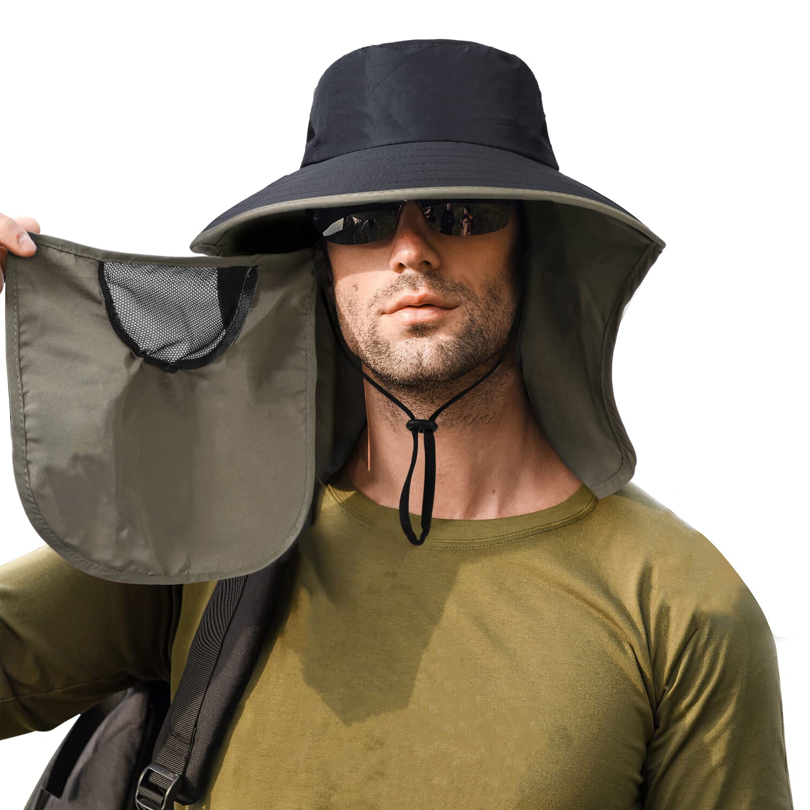 TAGVO Sombrero Pescador Hombre con Máscara Facial de Malla Desmontable Sombreros para el Sol Transpirable ala Ancha con Protección UV Gorros de Pescador Plegable para Senderismo Cámping Jardinería