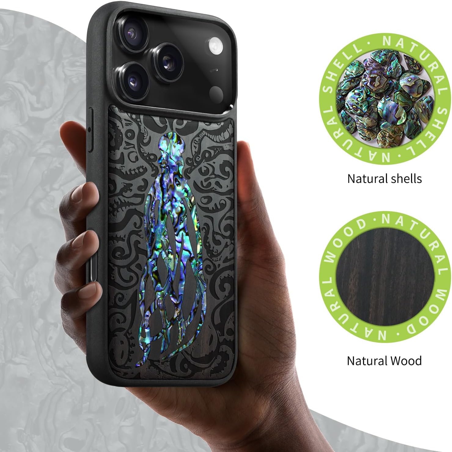 Carveit Magnetic Case for iPhone 17 Pro Max Case, Wood Artisan Engraved & Handmade Shell Inlaid, TPU Shockproof Cover, Compatible with MagSafe Wireless Chargers (Cephalopod's Nocturne-Blackwood)