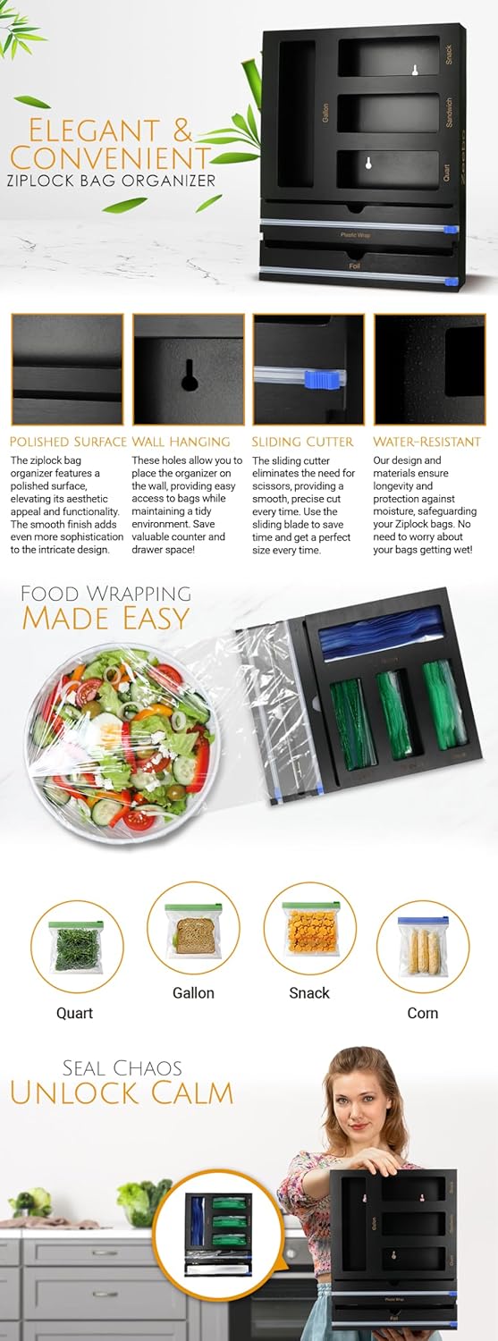 Ziplock Bag Organizer 6-in-1 Drawer Organizer for Ziplock Bags and Foil and Plastic Wraps, Built-In Cutters Included -Highly Durable Bamboo Wood Bag Organizer for Drawer