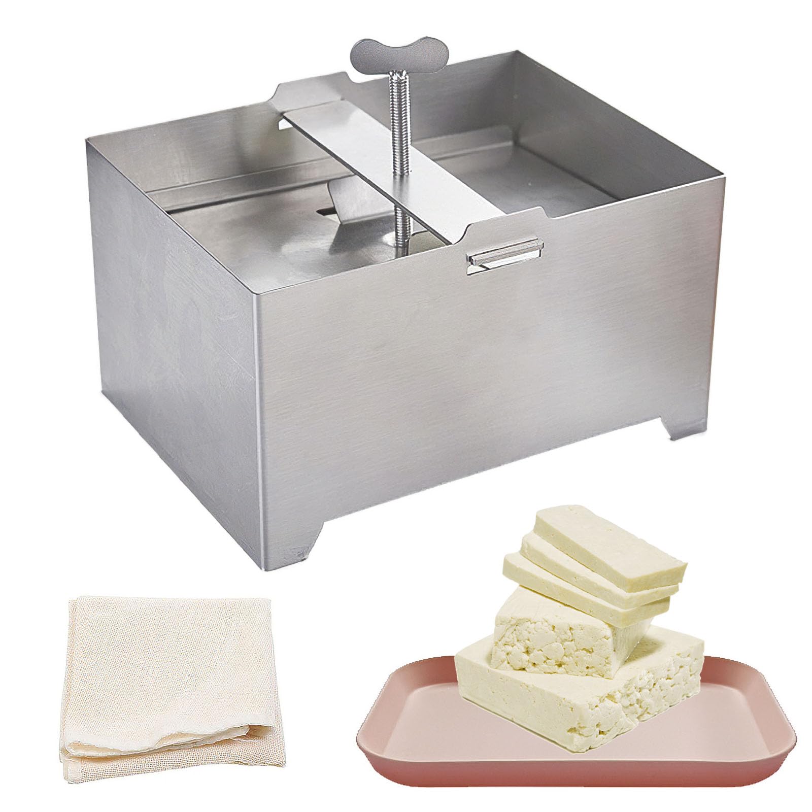 Aisny Tofu Press, Materiali per Tofu Pressa in Acciaio Inossidabile in Kit per Tofu per Uso Alimentare con Piastra e Garza Stampo per Pressa per Tofu per Cucina Produzione di Tofu, 16 x 12 x 9 cm