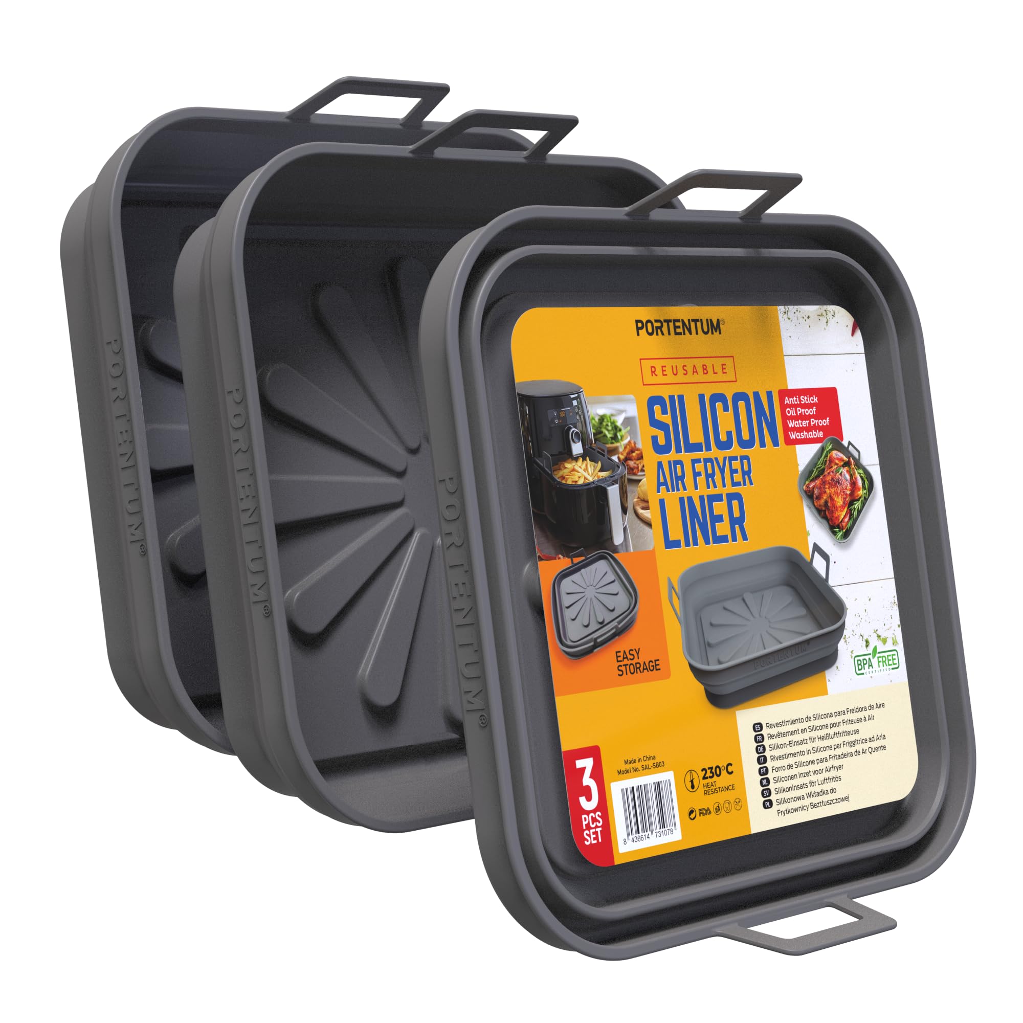 PORTENTUM Set de 3 Molde Silicona Freidora de Aire Cuadrados Plegables 22,5 cm – Para freidoras de aire de 4,7 a 8 litros – Recipientes Reutilizables – LFGB y BPA Free – Accesorios Air Fryer