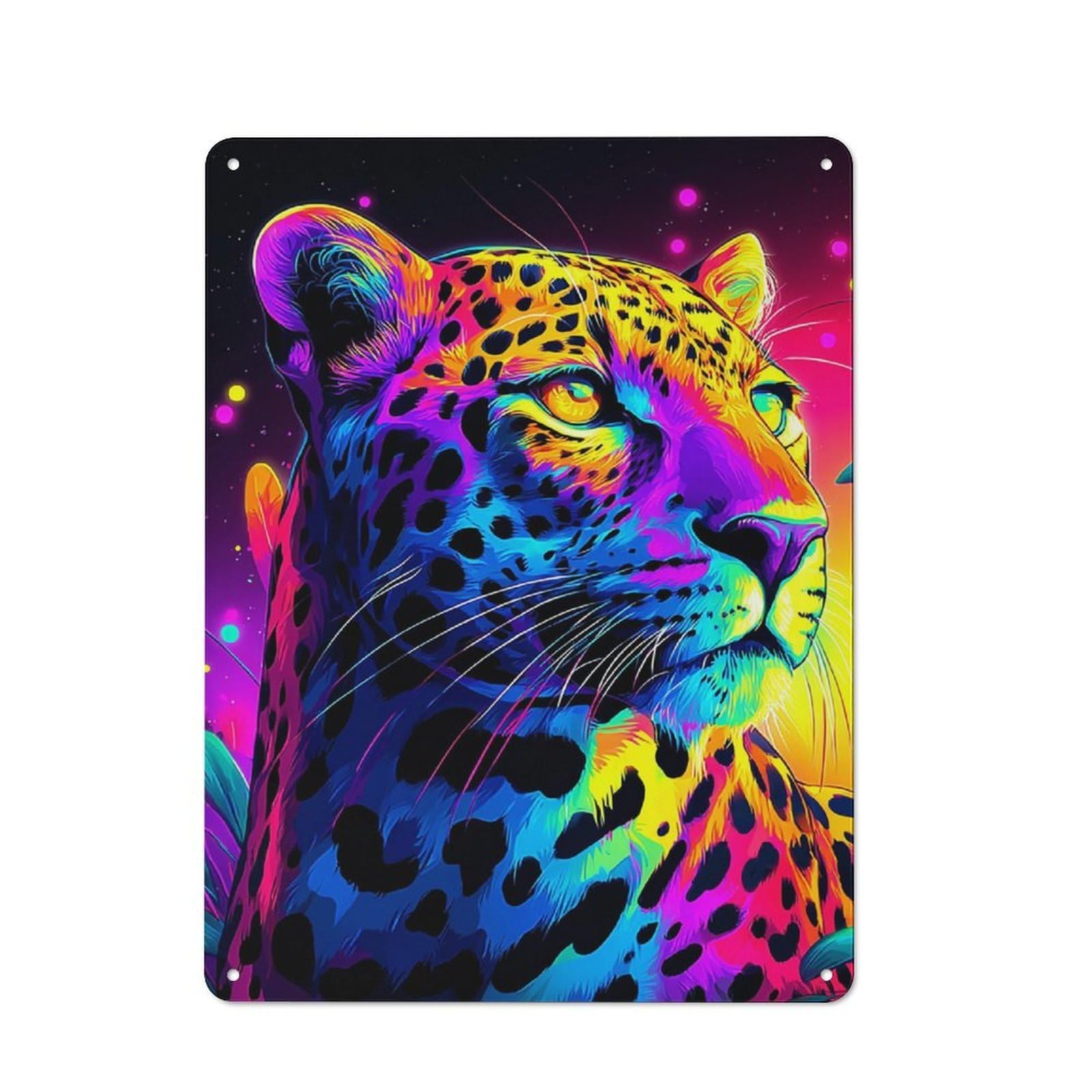 Junmoney Neon Leopard Vibrant Artwork -4 Metal Plaque With Design 40X30cm, Cosy Diner Style Decor For Coffee Bar, Kitchen, Bistro Or Tea Corner