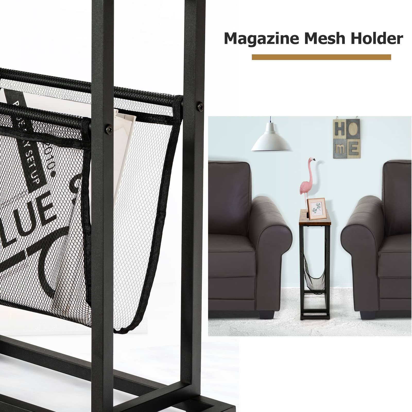 LIFEZEAL Beistelltisch mit Seitentasche, schmaler Holztisch für Zeitschriften, Sofatisch im industriellen Stil, Sofa-Seitentisch für Wohnzimmer, Schlafzimmer, 45 x 18 x 54,5 cm