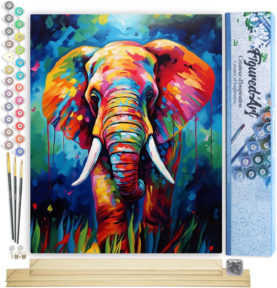 Figured'Art Paint by Number for Adults Colorful Abstract Elephant 16"x20" - Craft Art Painting Rolled Canvas with DIY Wooden Frame