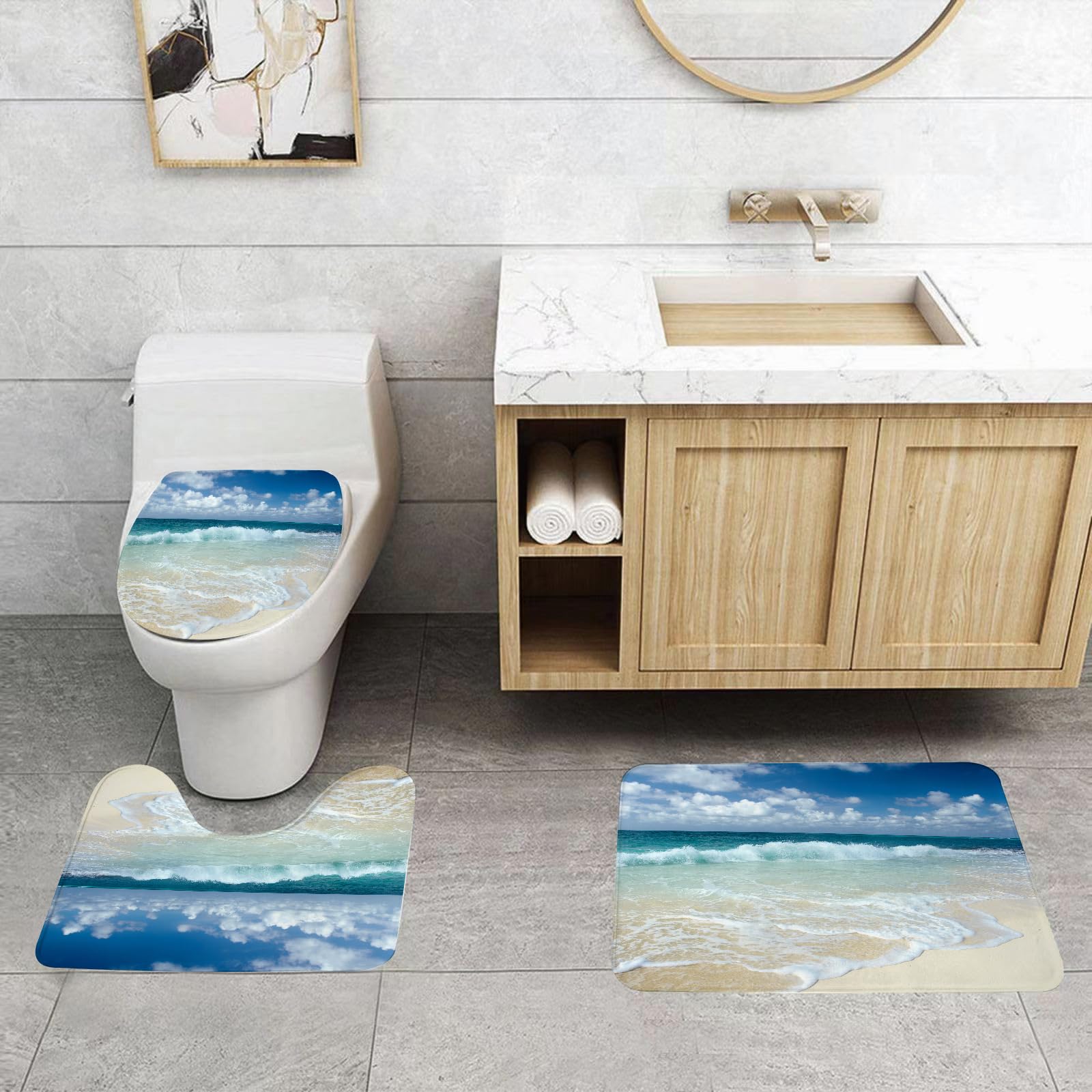 Set di 3 tappetini da Bagno, Lavabili in Lavatrice e Antiscivolo, in Morbida Fibra Superfine, con Motivo a Onde e Spiaggia con Onde spumeggianti su Un Mare Deserto, Tema Vacanze co