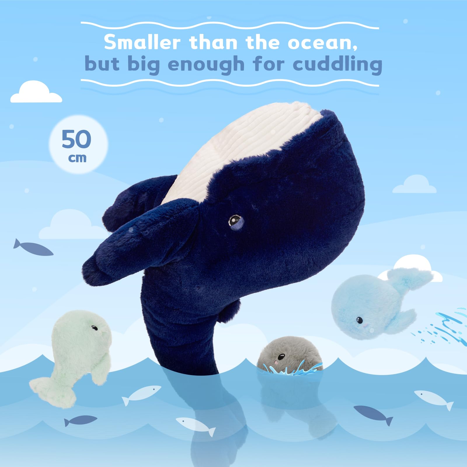 MorisMos 4 stücke Wal Kuscheltier XXL Set, 50cm groß Wal Plüschtier Plüschwal mit 3 Babys im Bauch, Blauwal stofftier als Geburtstag Weihnachten Geschenk für Jungen Kinder - 3