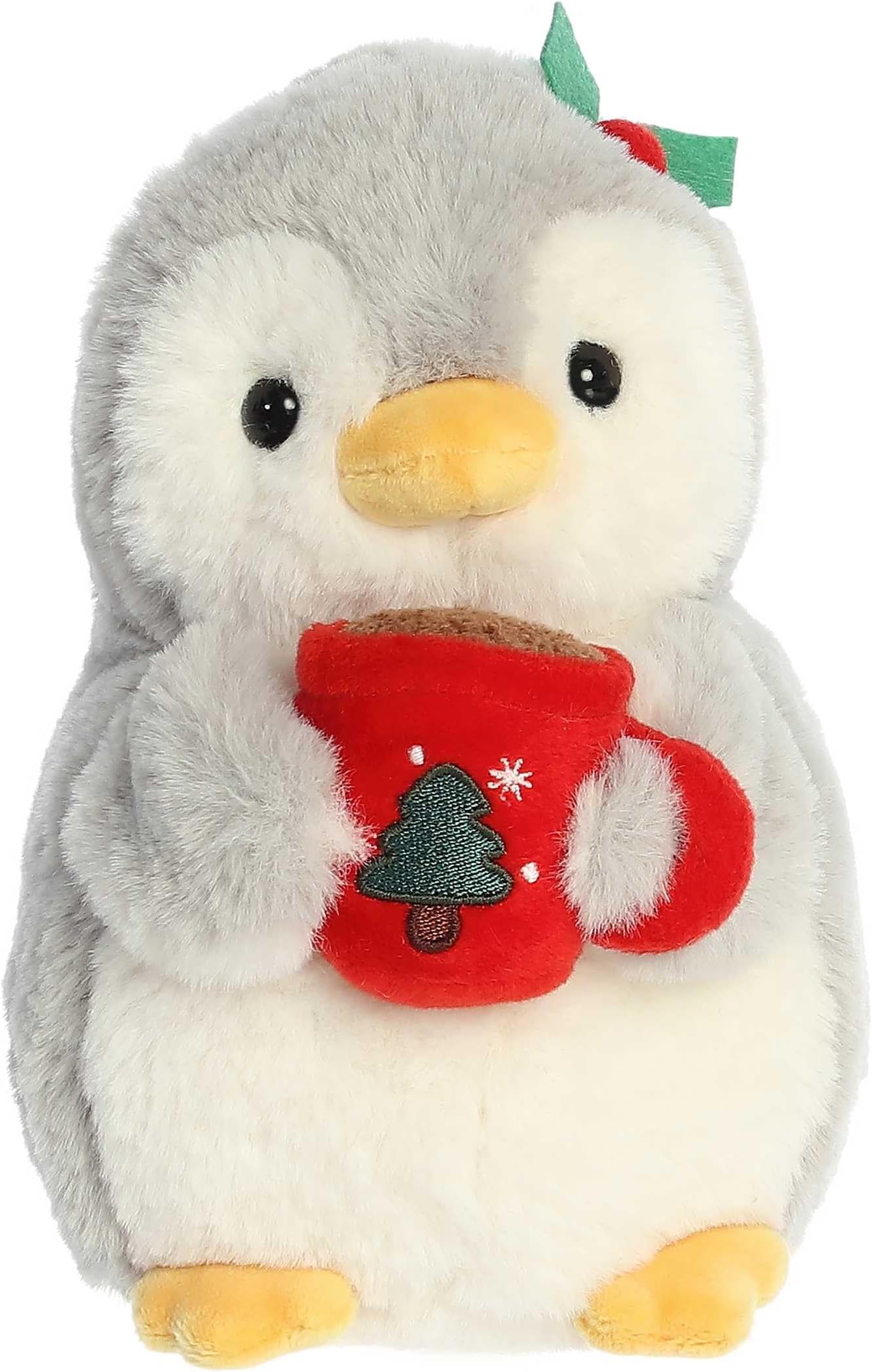 Aurora Playful Pompom Penguin Hot Cocoa Stuffed Animal - Vibrant Companions - Endless Fun - Gray 8 Inches