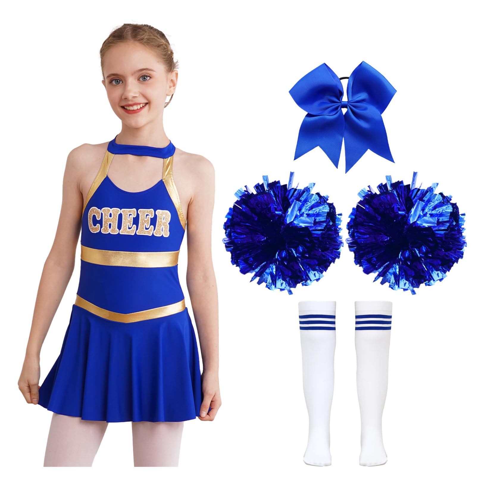 Kaerm Cheer Leader Costume for Girls Festival Cheerleading Outfits Halloween Carnival Party Fancy Dress Up B Blue 9-10 Years