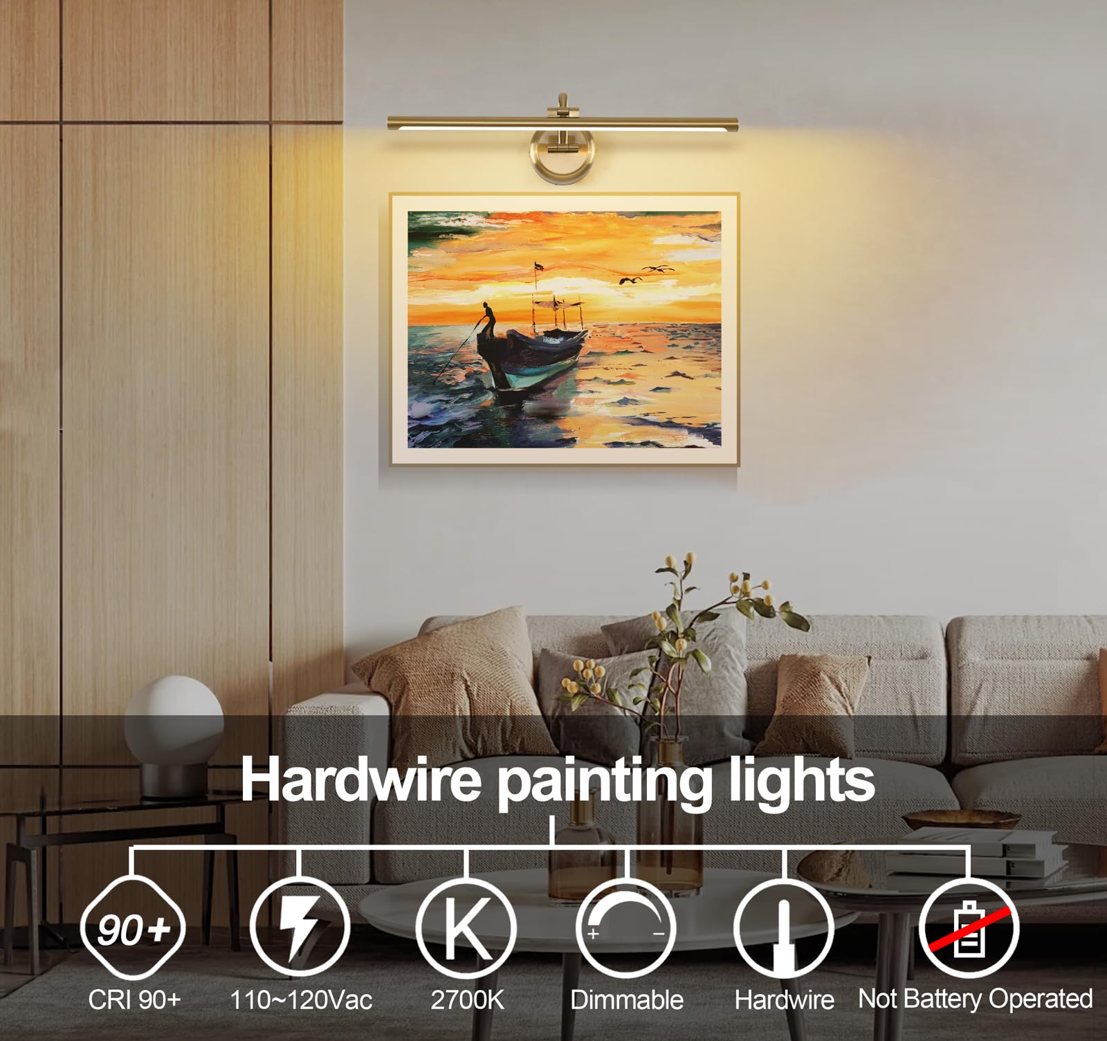 Hard-Wired Picture Lights 23.62 Inch Dimmable LED Wall Art Lighting Modern Brass Gallery Light Poster Lights Adjustable Swing Arm Picture Frame Light For Display Art Work, 14W, 2700K, Warm White