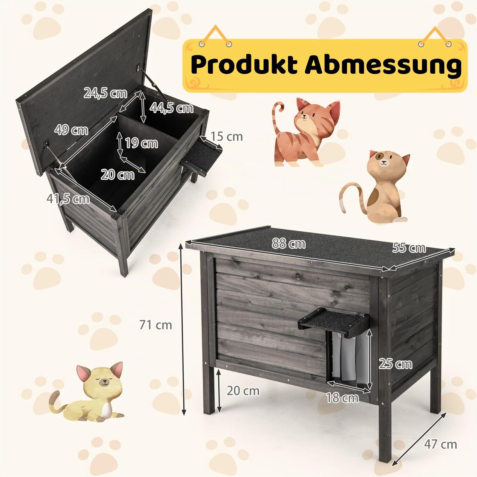 COSTWAY Katzenhaus Outdoor Winterfest, Katzenhütte für Winter, Holz, Katzenhöhle mit Schaumisolierung & Dach & PVC-Tür & Trennwand, für Außenbereich Innenbereich, 88 x 55 x 69 cm (Schwarz)