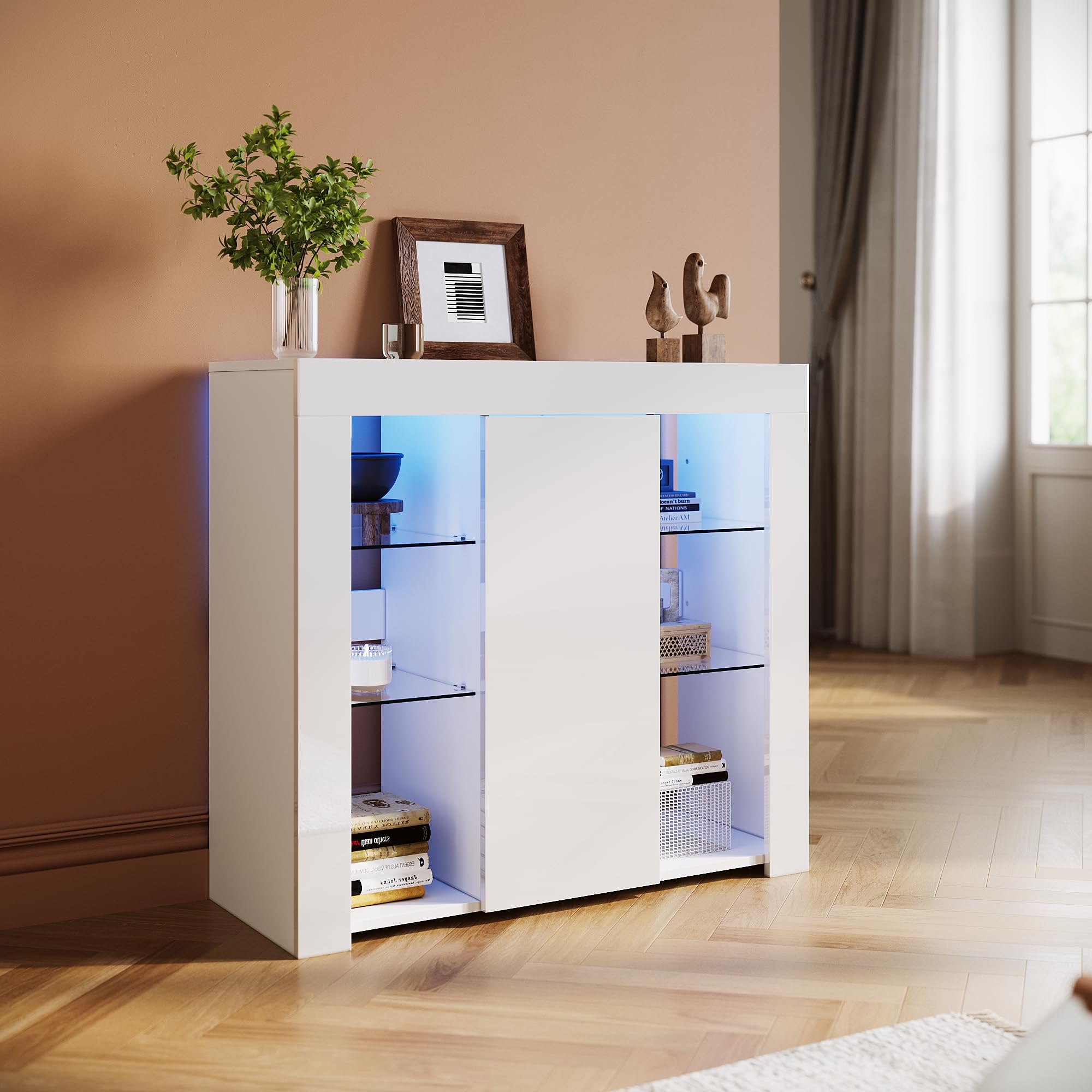 ELEGANT 1 Door Sideboard with LED Lights, High Gloss Display Cabinet Storage Unit with Open Shelves for Living Room Bedroom, W900 x D350 x H830mm — image 1