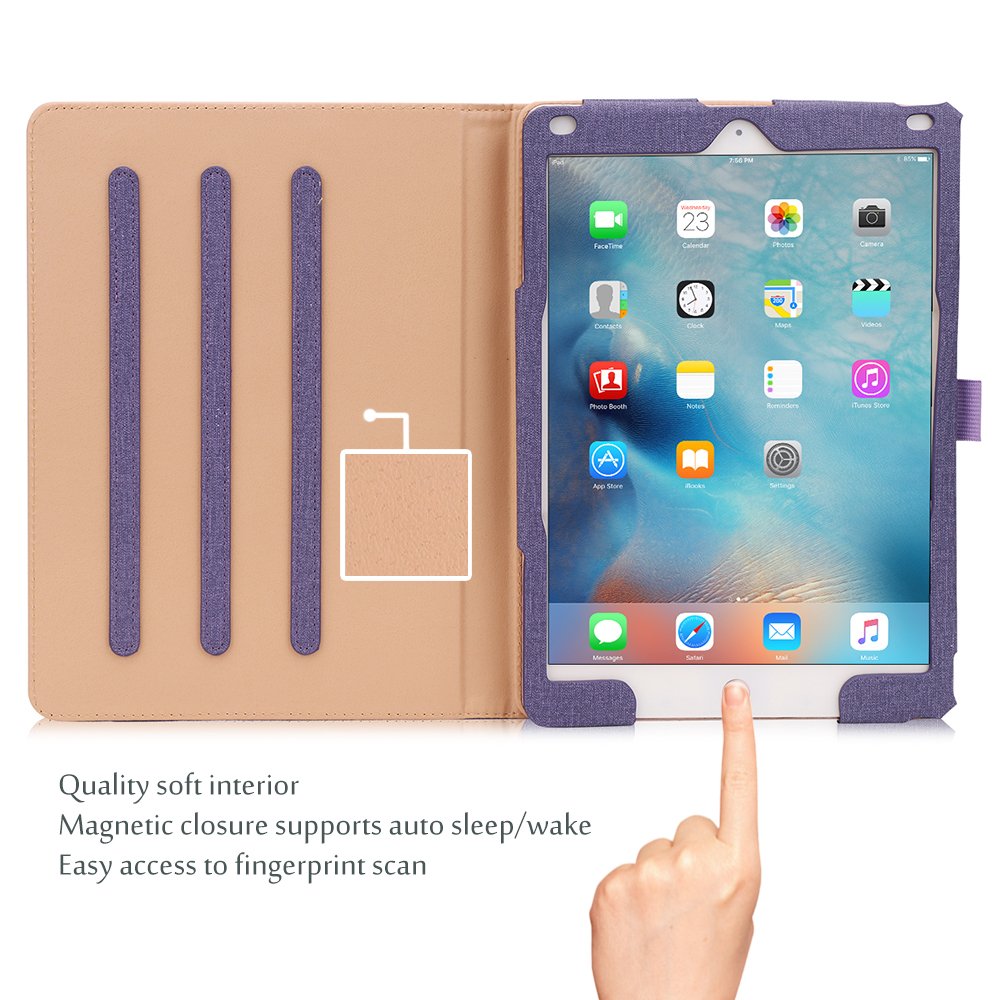 ProCase Skórzane etui z uchwytem na rysik do iPad 9,7 cala 2018/2017 (6. 5. generacji), iPad Air 2, iPad Air, etui ochronne ze skóry PU, z klapką z wieloma stojakami do iPad 9,7 cala, fioletowe