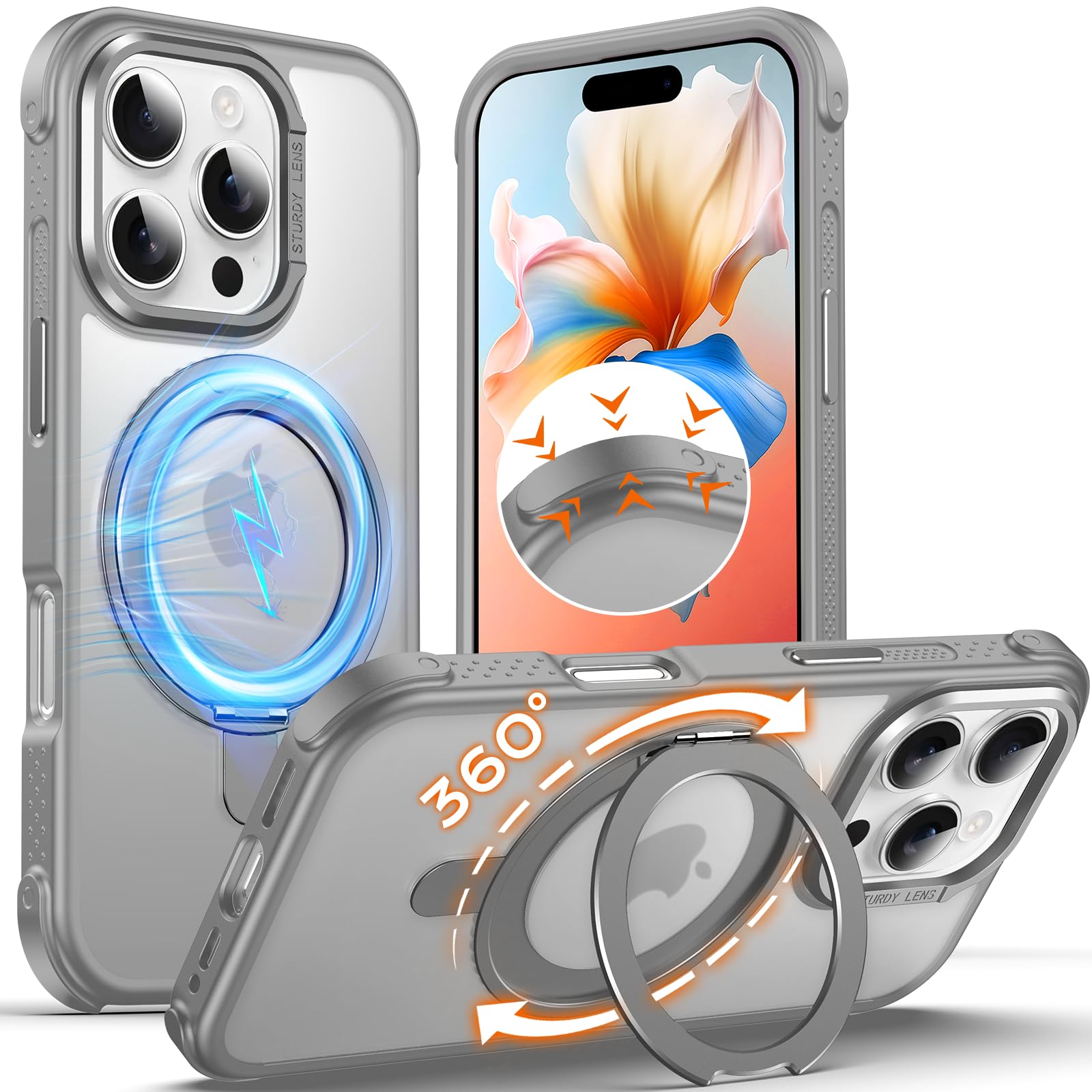 Funda iPhone 16 Pro soporte magnético 360 grados carcasa antigolpes mate gris 8