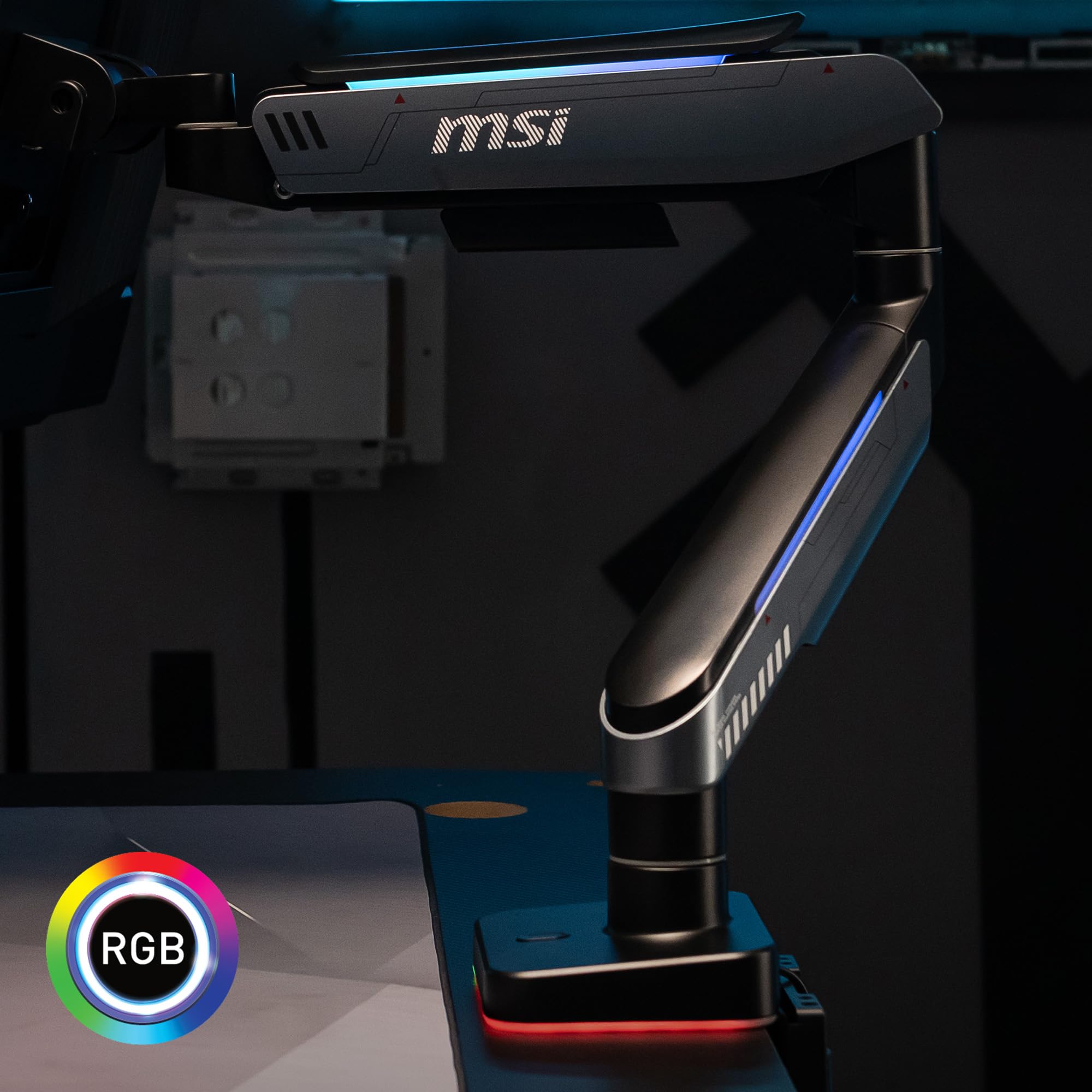 MSI MPG MT201R V2 - Braccio di supporto per monitor singolo RGB premium, supporta schermi da 17-49" e 20 kg, compatibile VESA, supporto regolabile con molla a gas resistente, morsetto e passacavo