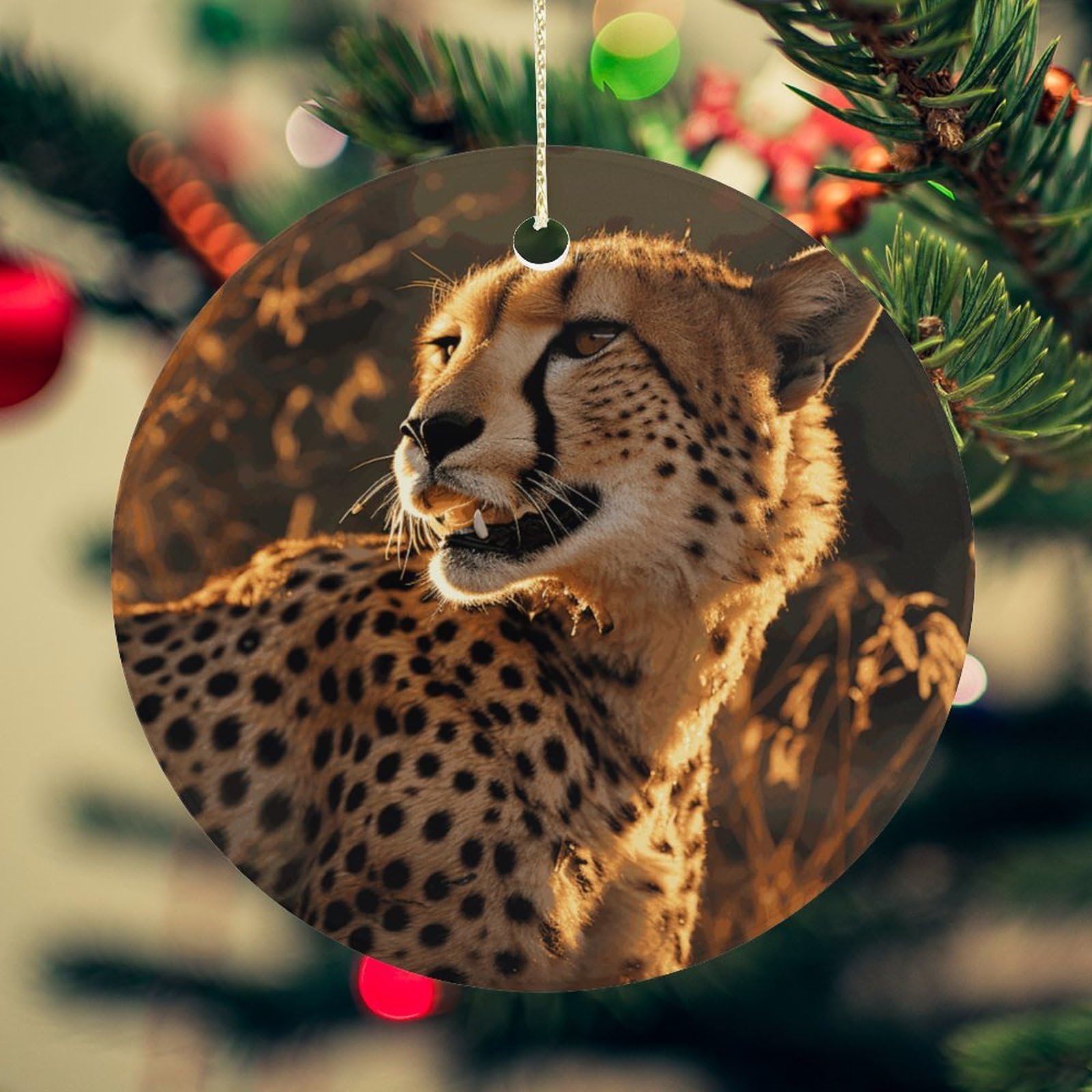 Cheetah Christmas Ornament for Christmas Tree Ceramic Round Ornament Winter Holiday Keepsake Gift 2.7" Christmas Tree Hanging Decorations Circle Ceramic Pendant Xmas Gift