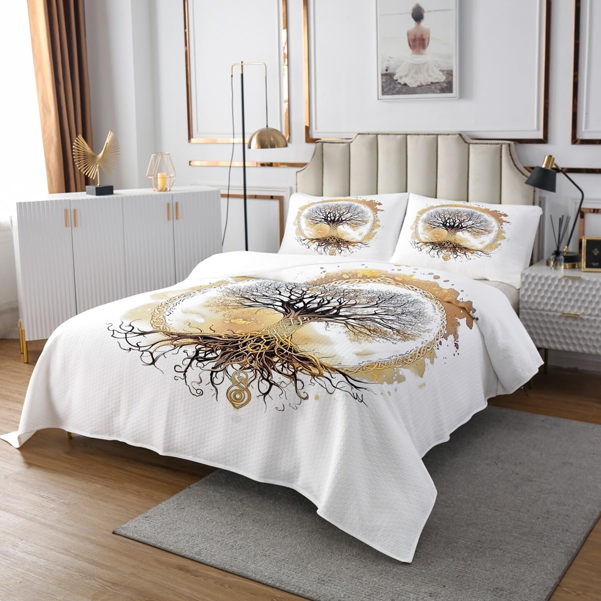 Homemissing Kinder Baum des Lebens Tagesdecke 170x210cm Baumzweige Muster Bettüberwurf für Kinder Jungen Mädchen Schlafzimmer Dekor Natur Thema Wohndecke Gold Weiß
