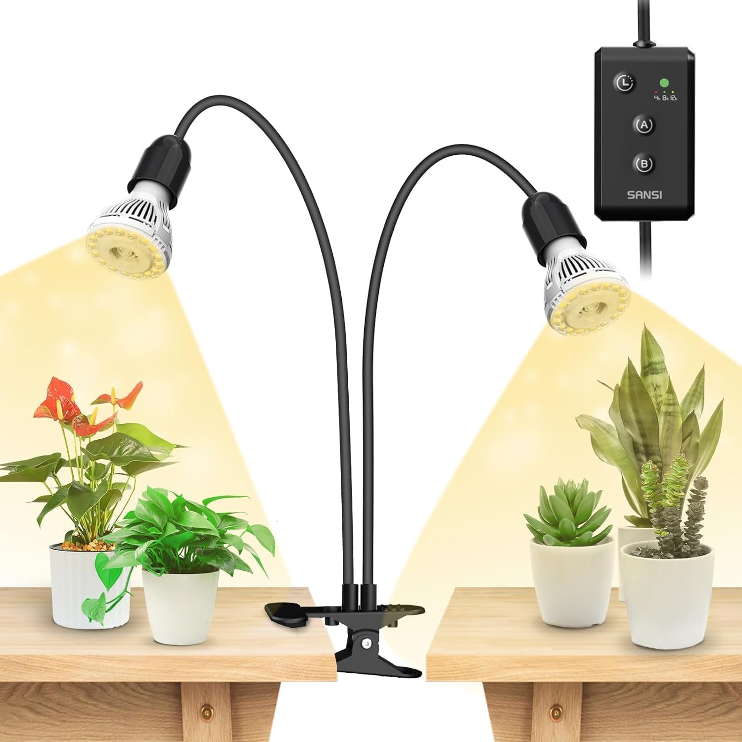 "SANSI- LED Grow Lights for Indoor Plants, Lifeless Bulb Replacement, 300W Full Spectrum with Double Gooseneck Clip, Light