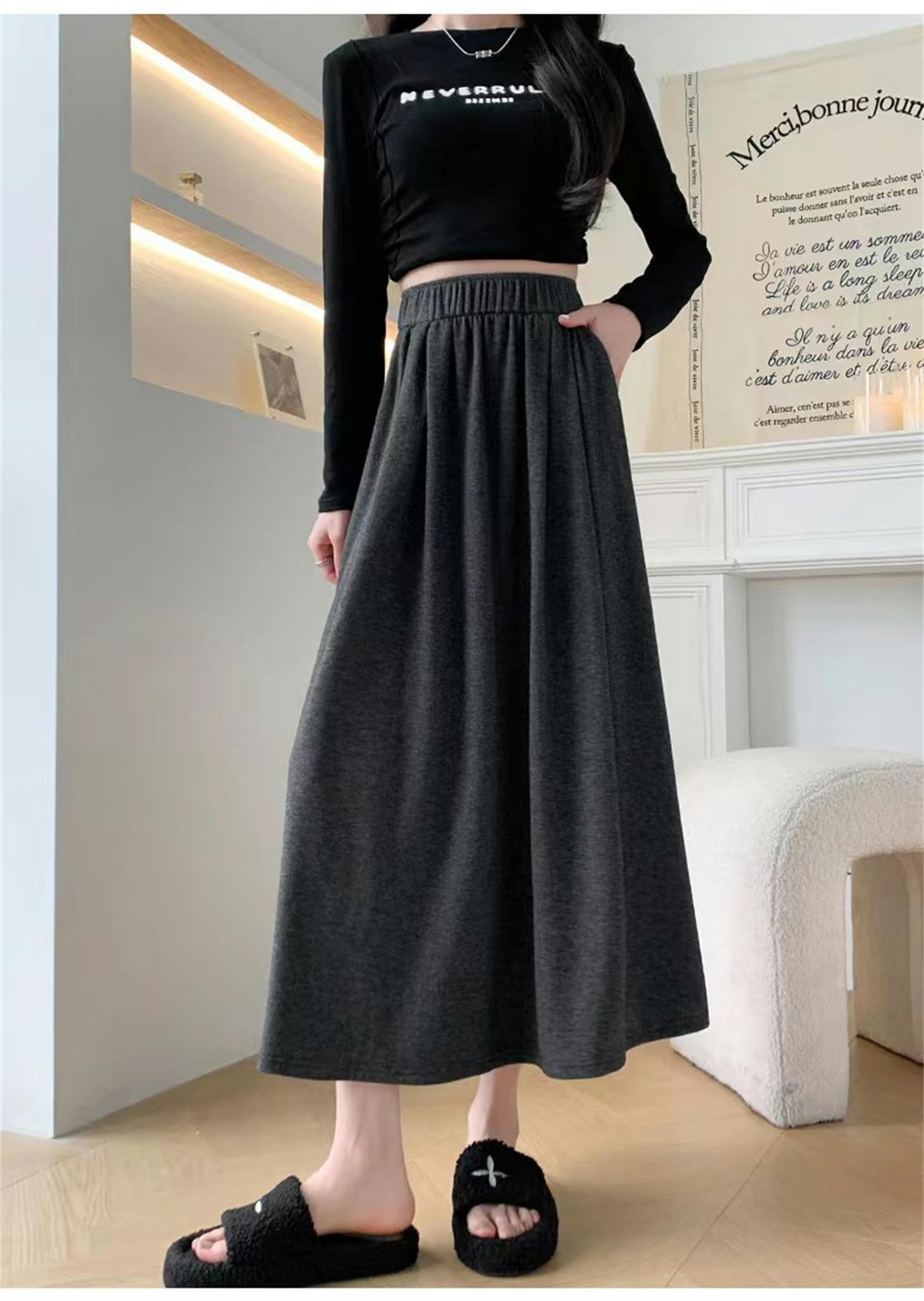 Strickrock Damen Herbst Und Winter Halblänge Rock Für Frauen Mit Hoher Taille Und Fallendem Gefühl, Schlank Und Einfach, Vielseitig-schwarz-m 90-110 Pfund