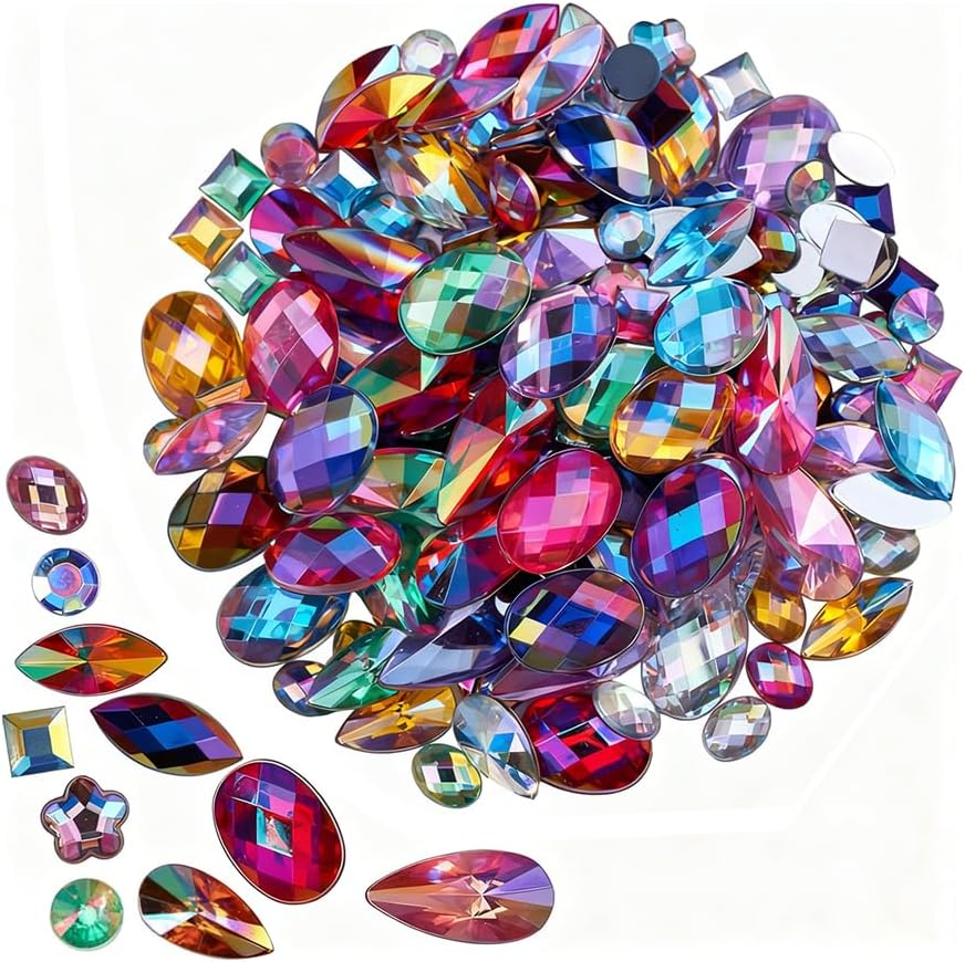 Mixed Set of 300 Ab Color Flatback Rhinestones – Assorted Shapes for Bedazzling, DIY Costumes, Masks, Party Decor, and Crafting Gems