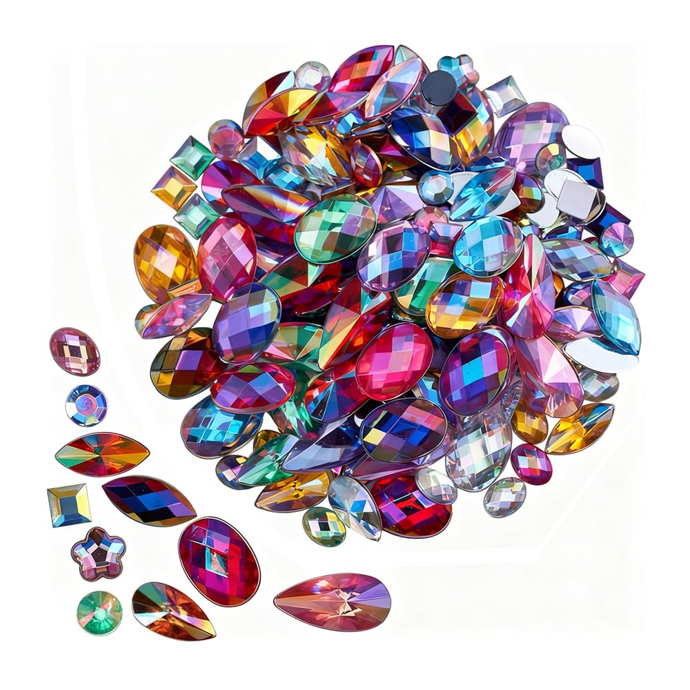 300pcs Flatback Rhinestones for Crafts - Mixed AB Color Acrylic Gems - Assorted Shapes and Sizes Gemstones for Face Art, Costume Design & DIY Decorations (Multicolor)
