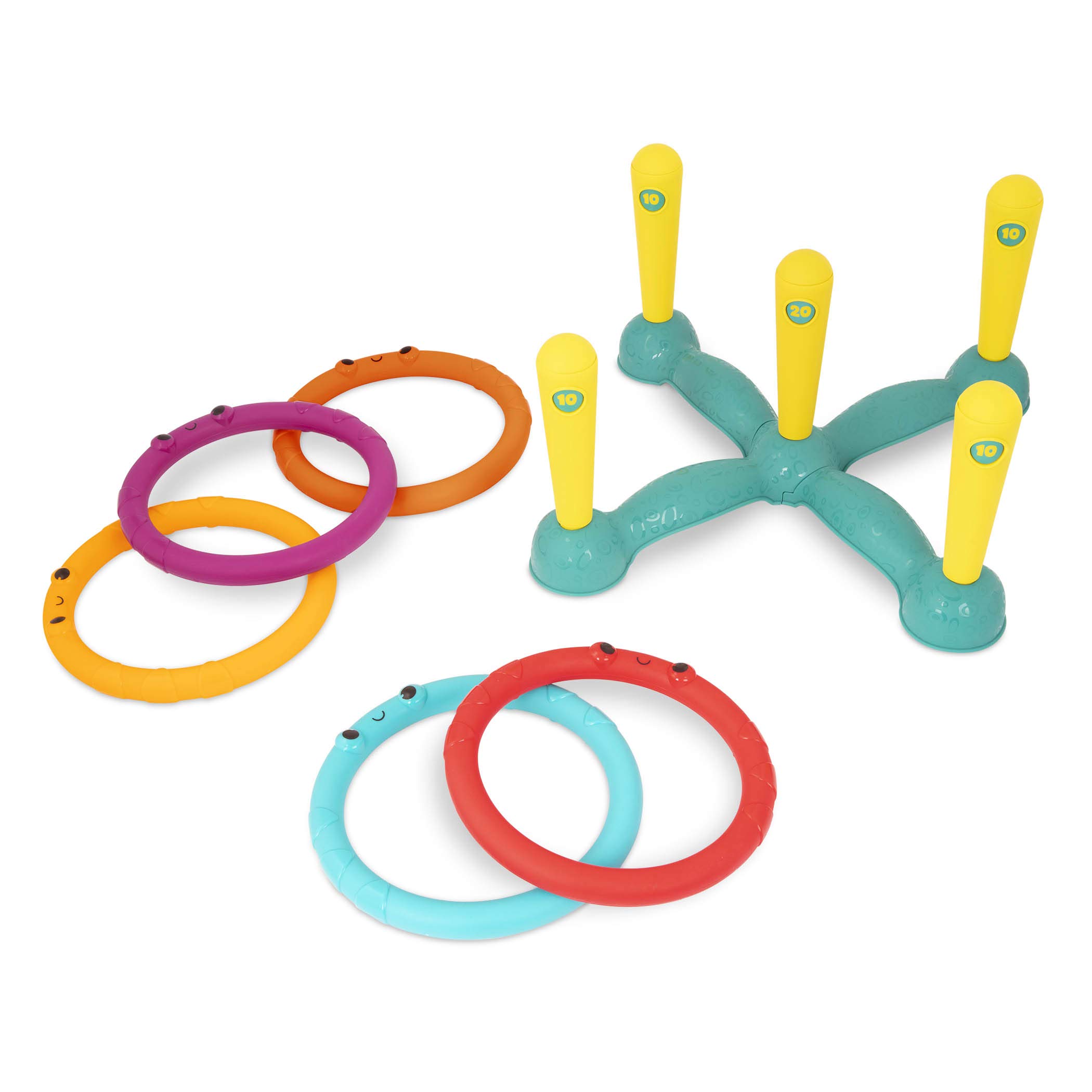 B. toys- Ring Toss Game- Indoor & Outdoor – Sling-a-Ring Toss – 12 pcs – 5 Pegs & 5 Colorful Rings – for Toddlers, Kids – 3 Years +