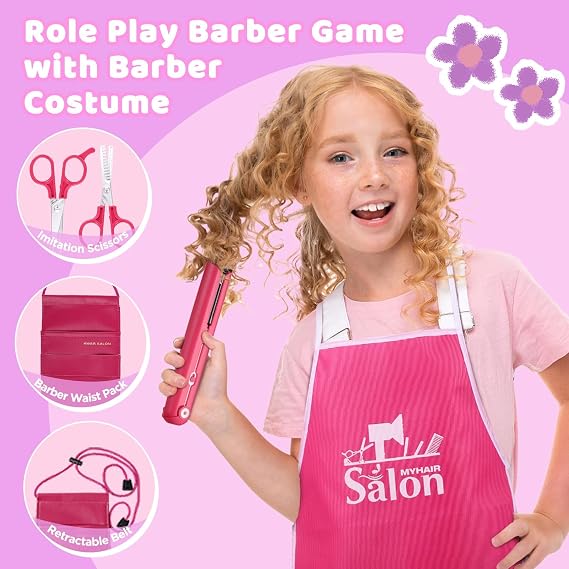 GAGAKU Pretend Hair Salon Toys for Girls,Pretend Makeup for Toddlers Dress Up Beauty Salon Set Stylist Kit with Hair Dryer Apron Curling Flat Scissors Accessories Girl Gifts