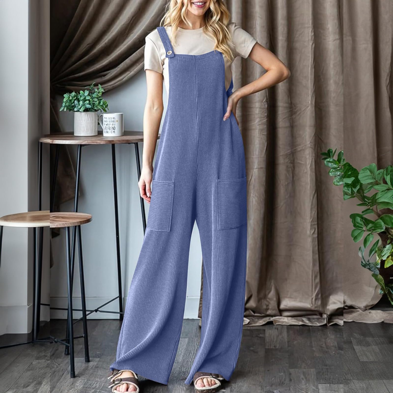 Generisch Combinaison pour femme - Sportive et élégante - Combinaison d'été longue et ample - Pantalon de travail - Stretch - Combinaison décontractée - Une pièce - Couleur unie - Avec poches