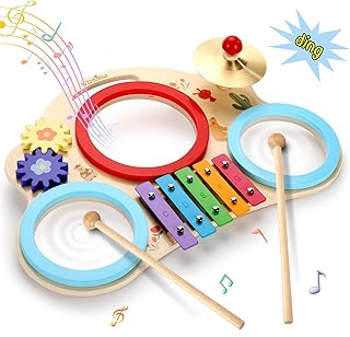 Kids Drum Set for Toddler 8 in 1 Montessori Musical Instruments, Portable Musical Table Baby Musical Toys Wooden Percussion Instruments Months Birthday Gifts for Girls Boys