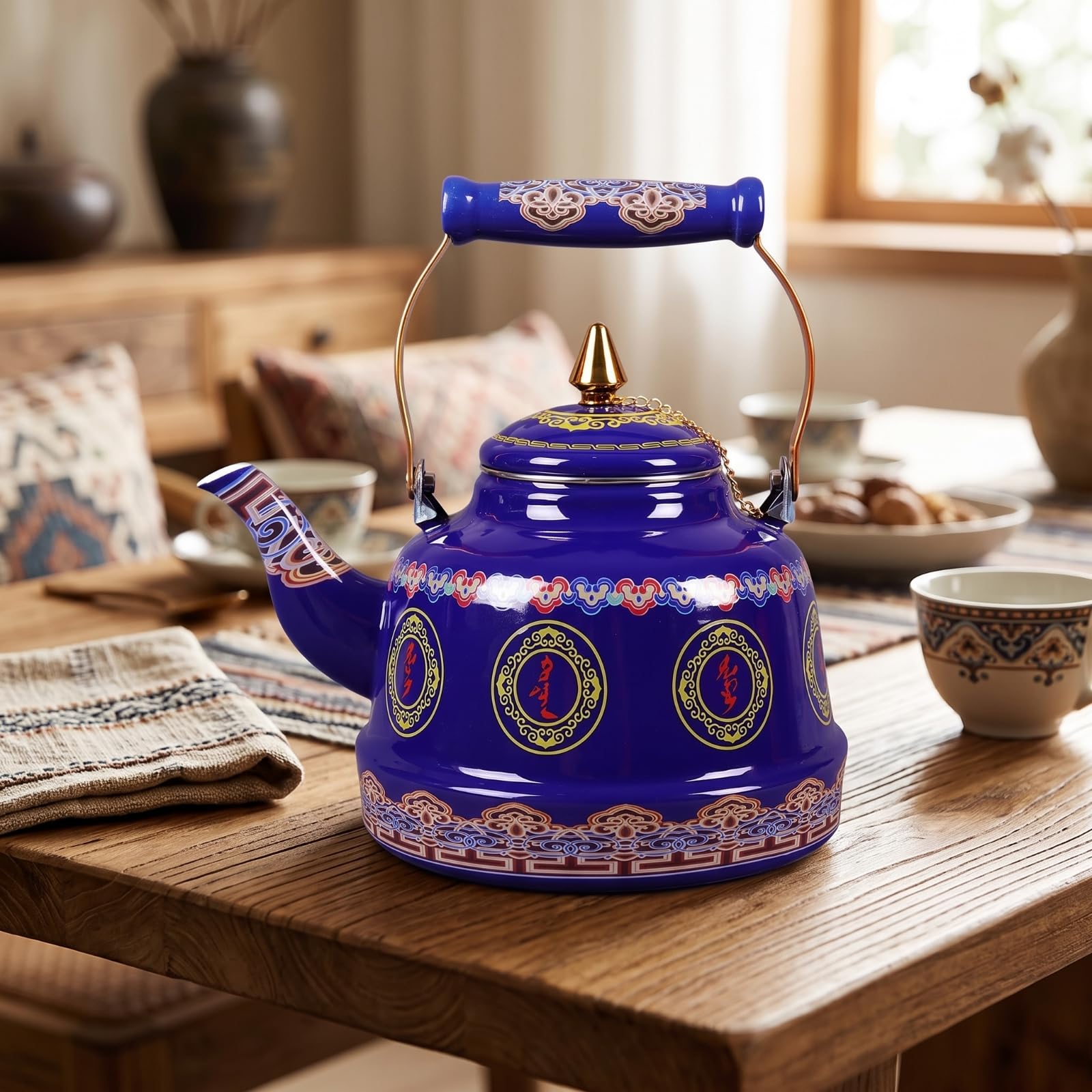 perfeclan Tetera de Esmalte Hervidor Jarra Recipiente para Bebidas con Mongoles y Dorados Cuerpo Amplio y Vertido Estable Adecuada para Infusiones Servicio de, 1.7 Litros