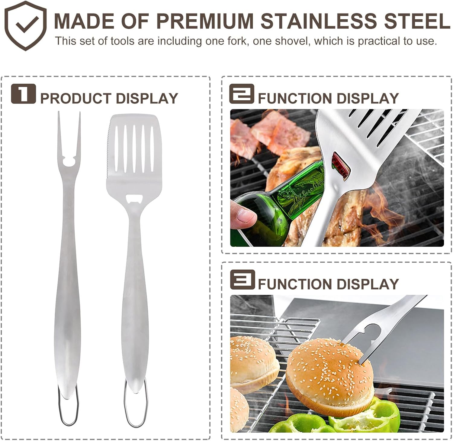 2Pcs Stainless Steel BBQ Grill Utensils Kit Outdoor Barbecue Accessories Heat-Resistant Ergonomic Design for Outdoor Cooking and Grilling Enthusiasts