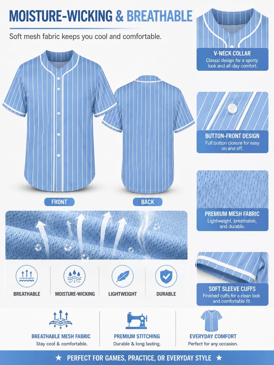 Kids Baseball Jersey Jersey for Boys Girls Plain Practice Shirt Youth Sports Button Down Shirts, Light-Blue, 3-4 Years