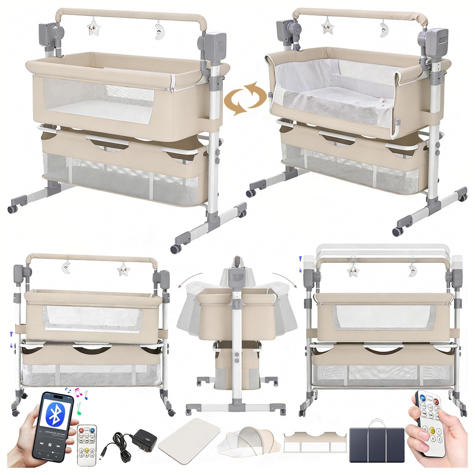 Doraystar Elettrico Bluetooth Intelligente Culla Neonato Next to me, Pieghevole Culla Co-sleeping, Convertibile Letto Fianco Letto con Musica e Telecomando, 5 Ingranaggi Oscillanti (601 Beige)