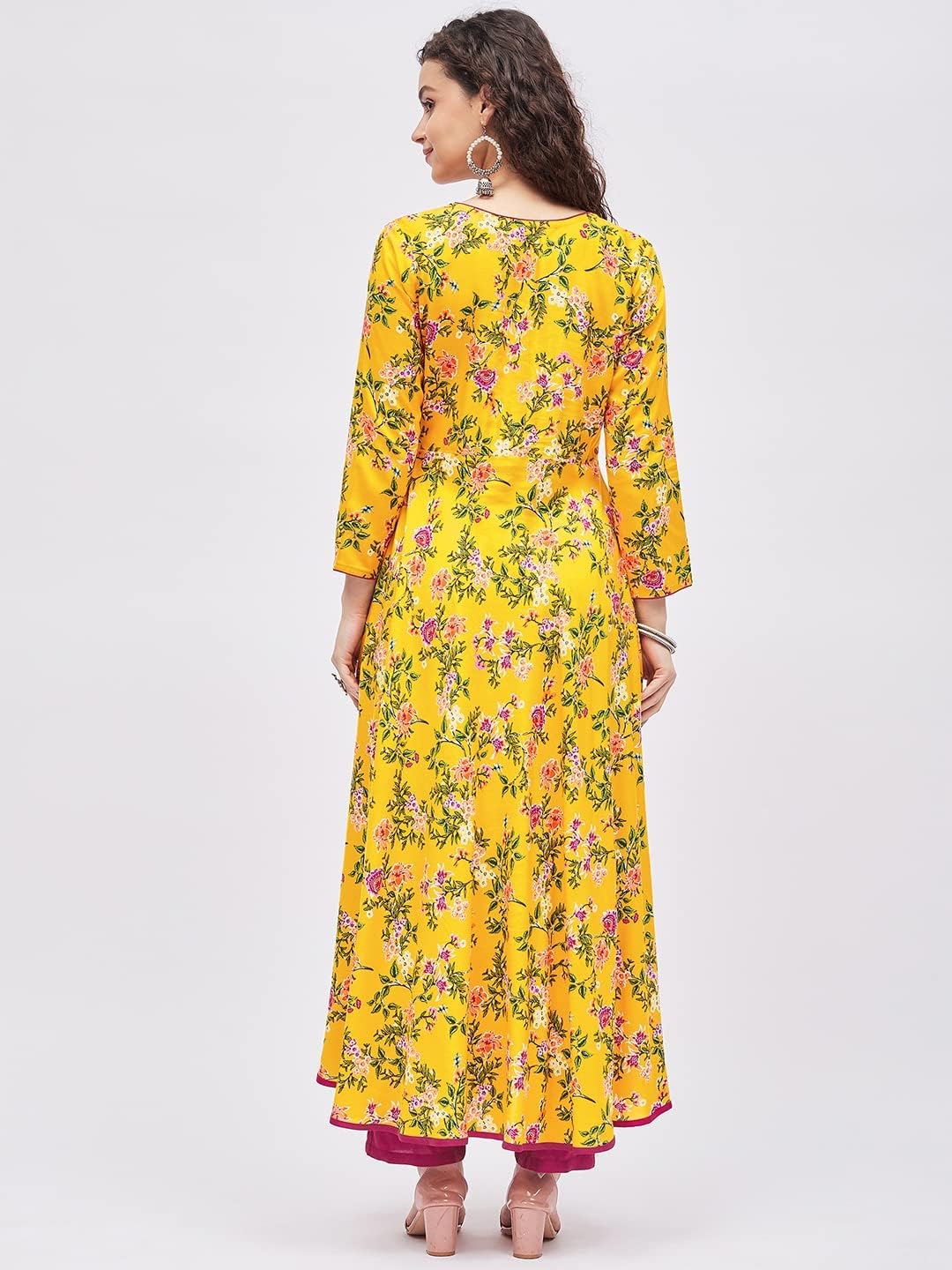 Tissu Women's Rayon Yellow & Rani Floral Printed A-Line Kurta