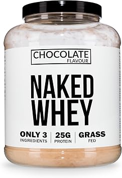 Naked Chocolate Whey Protein Powder, Only 3 Ingredients, Grass Fed, Gluten Free, Soy Free, GMO Free, 25g Protein and 6g BCAAs per Scoop, 60 Servings, 2280g