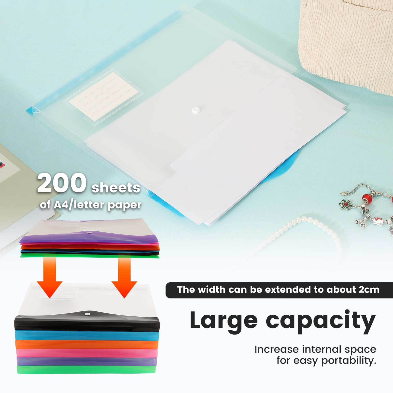 24 buste in plastica, 11 fori, espandibili, per buste a 2/3/4 anelli, formato A4, grande capacità, impermeabile, con bottone a pressione (orizzontale)