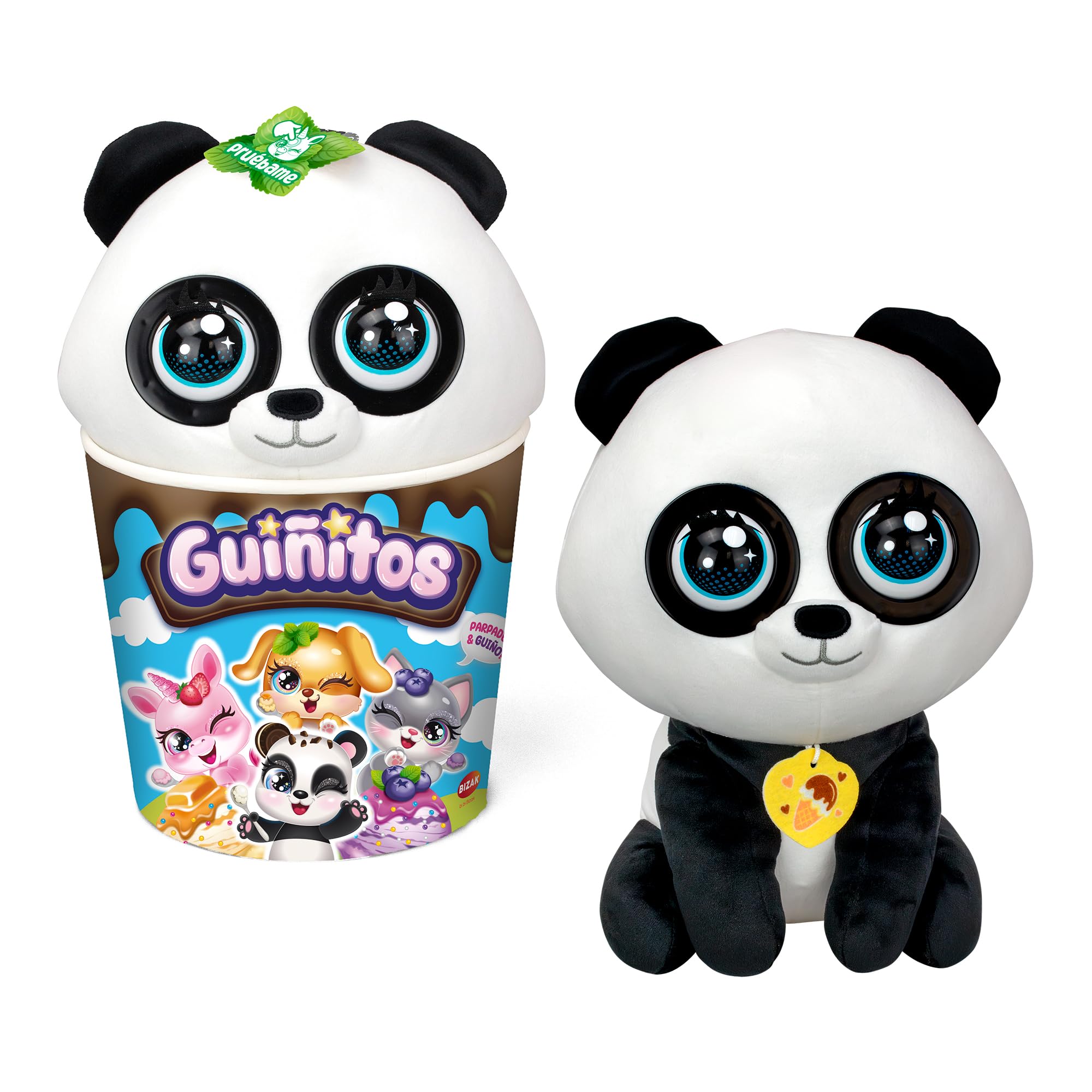 Bizak Guiñitos, Peluche Gigante Interactivo con más de 10 Sonidos, reacciones y música. Deliciosos y Ricos Helados de 30cm, 4 Diferentes Modelo Oso Panda, (62009025-4)