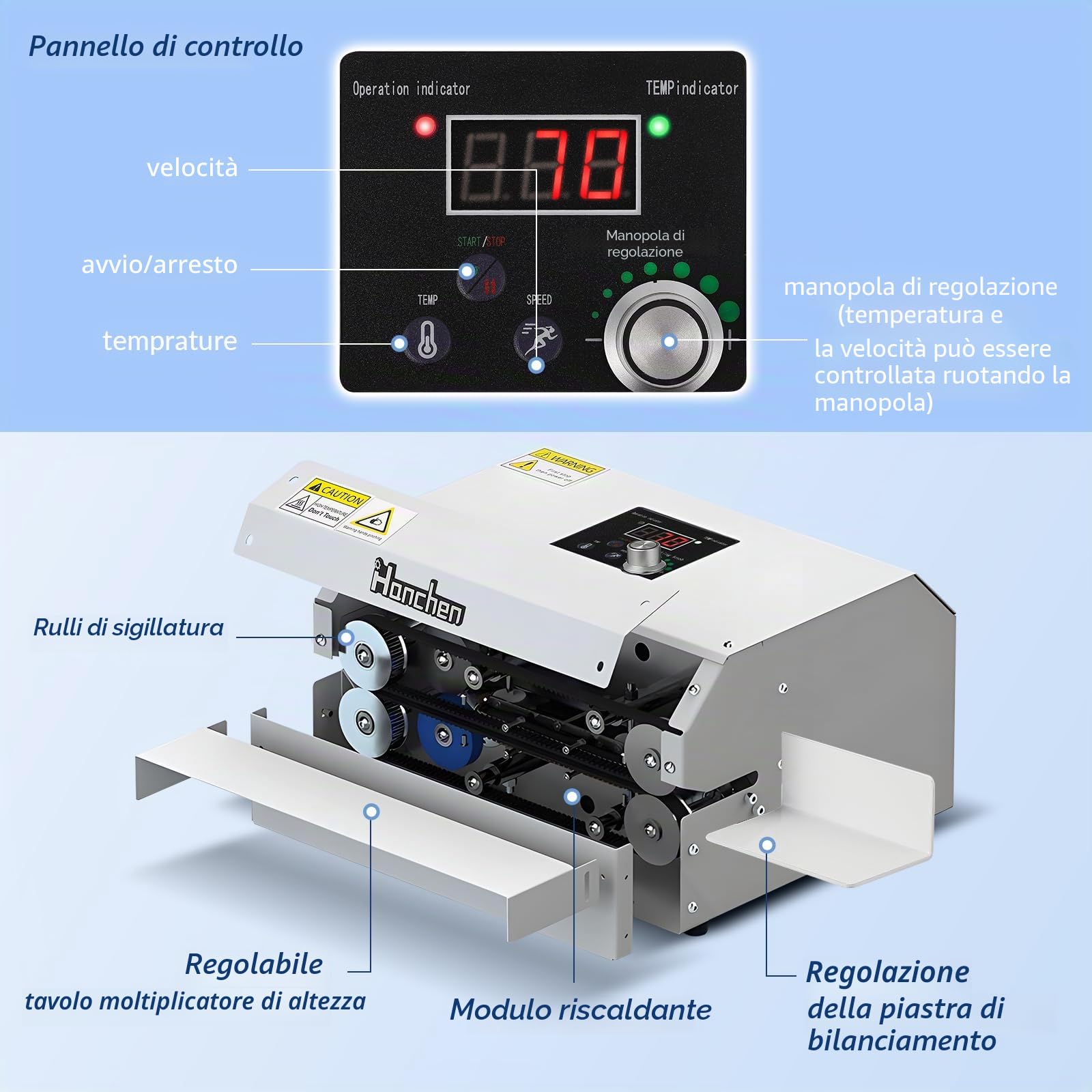 Hanchen Sigillatrice a caldo a rullo 3000 W, sigillamento continuo 6m/min, temperatura e velocità regolabile