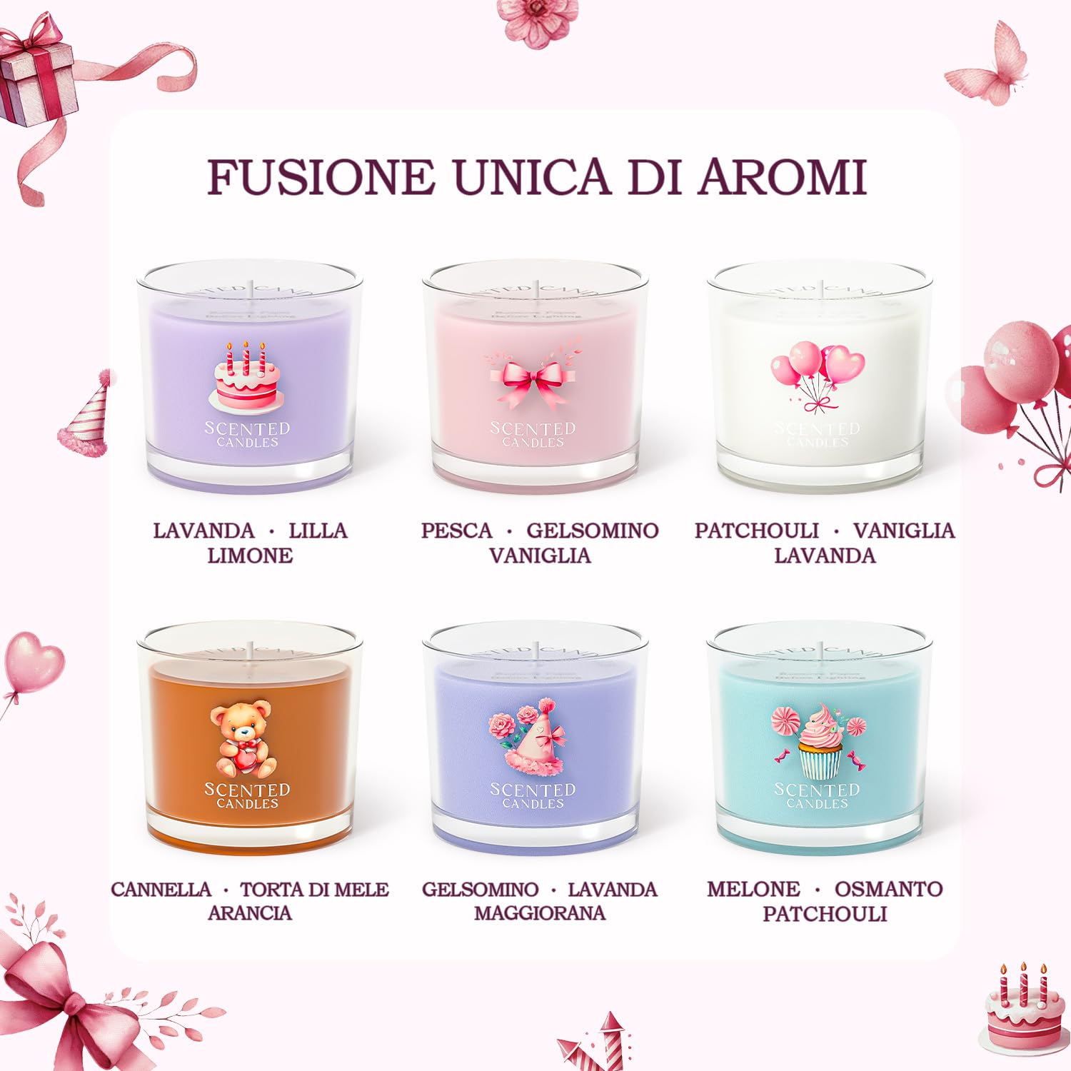 CHILLFLAME Regalo di Compleanno per Donne, Set di Candele Profumate per Alleviare lo Stress, 6 Candele di Compleanno in Vetro per Donne e Uomini (6 Colori, 400g)