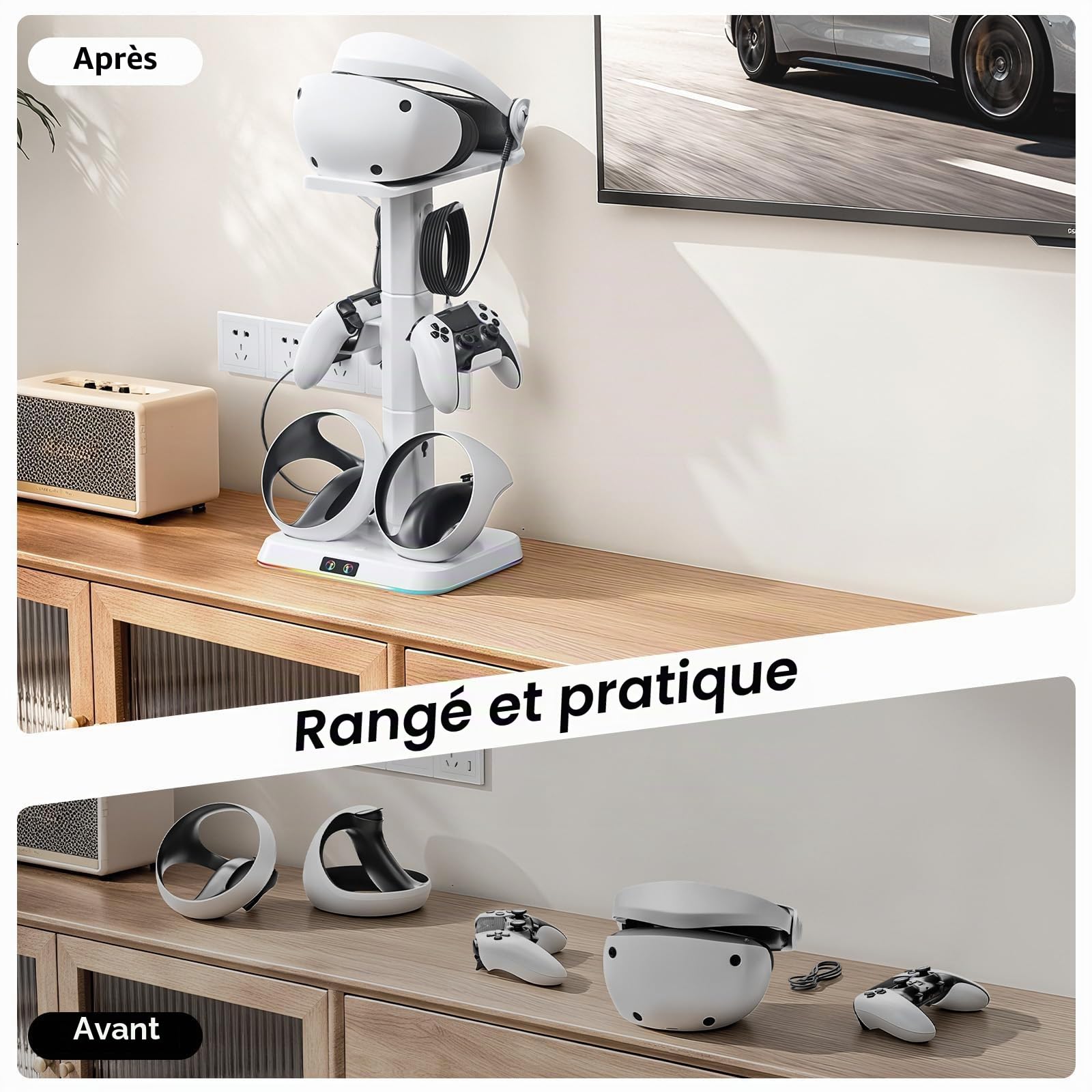 Kosker Support de Charge Multifonctionnel pour PS VR2 avec Rangement Étagère, Station de Charge Rapide Magnétique pour Manettes PlayStation VR, Accessoires pour Casque VR et Manettes