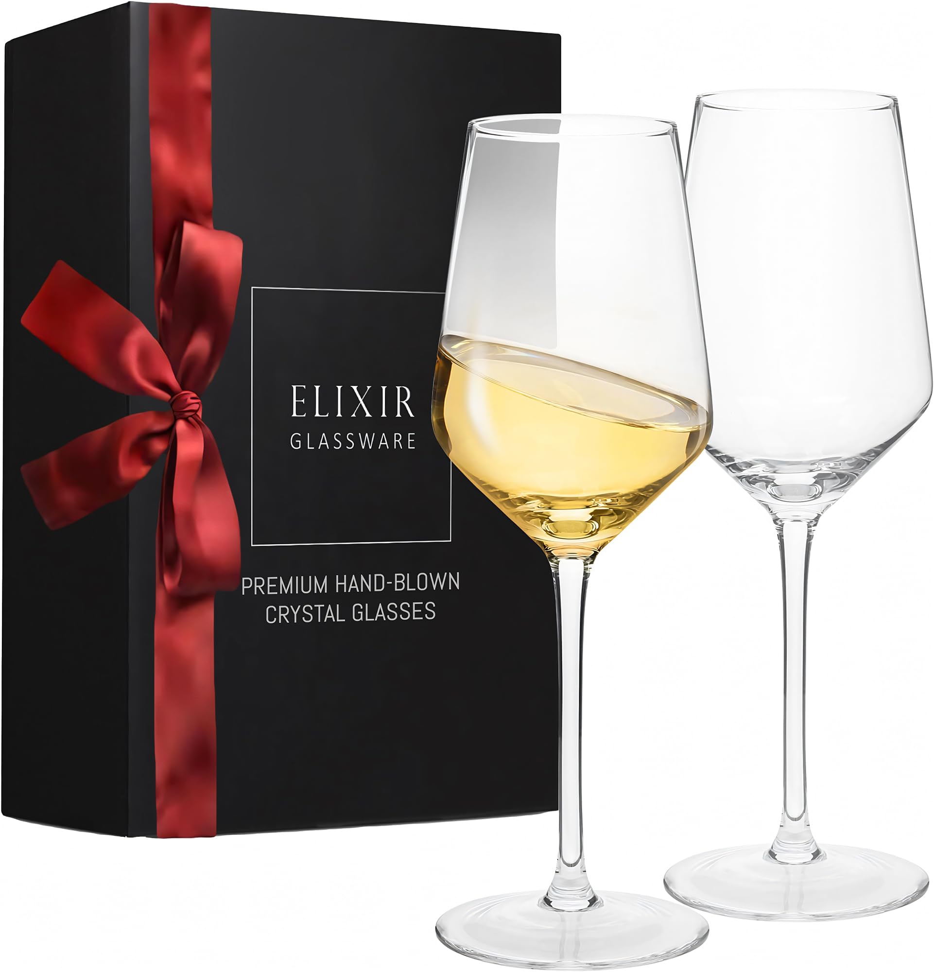 White Wine Glasses – Hand Blown Crystal Wine Glasses – Set of 2 Long Stem Wine Glasses, 100% Lead Free Premium Crystal – Gift for Wedding, Anniversary, Christmas – 13 oz, Clear