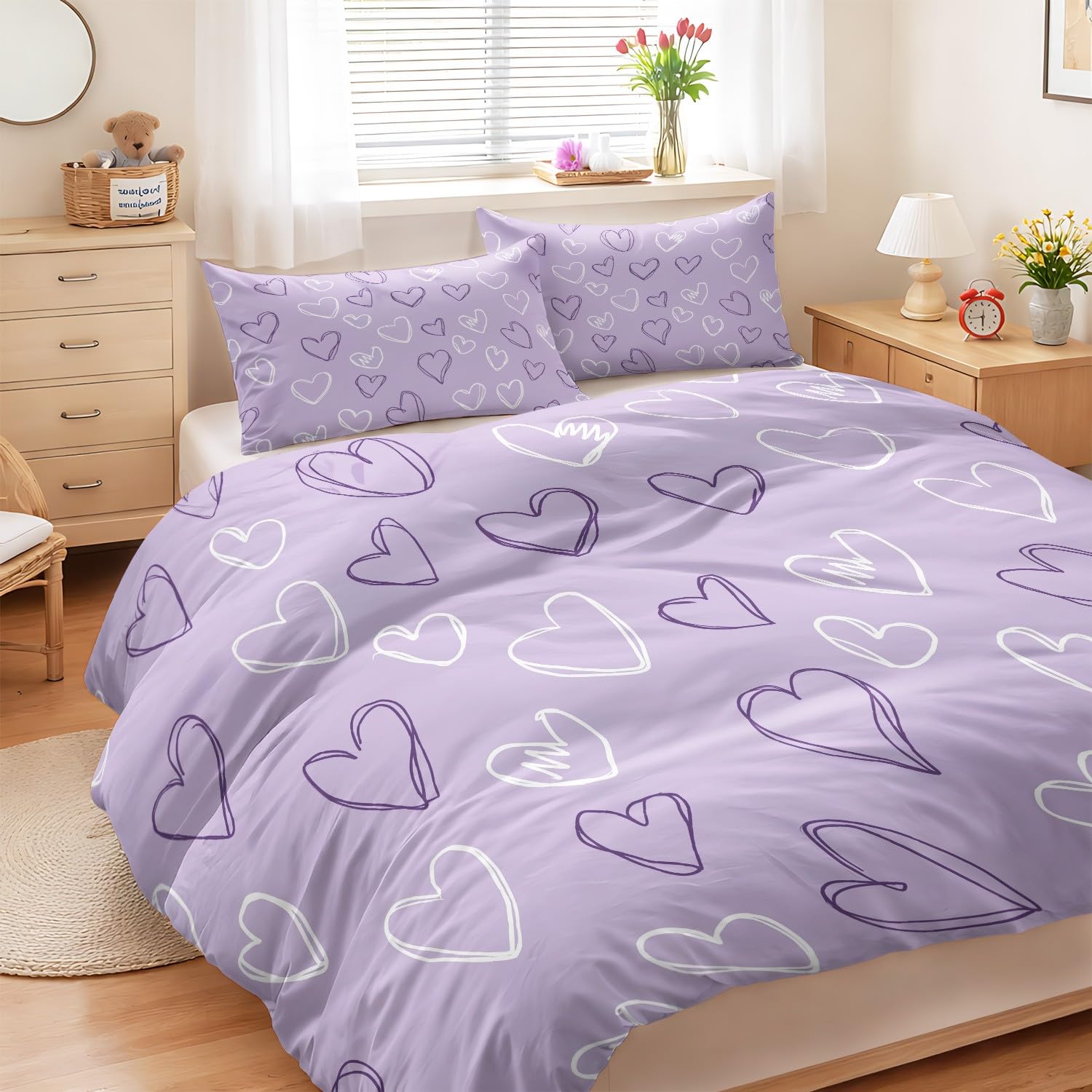 Generico Set Copripiumino Matrimoniale 260 x 240 cm, Carino Cuore per Bambini Ragazze, Viola, Minimal, Sacco Copripiumino Reversibile in Microfibra, Delicato sulla Pelle