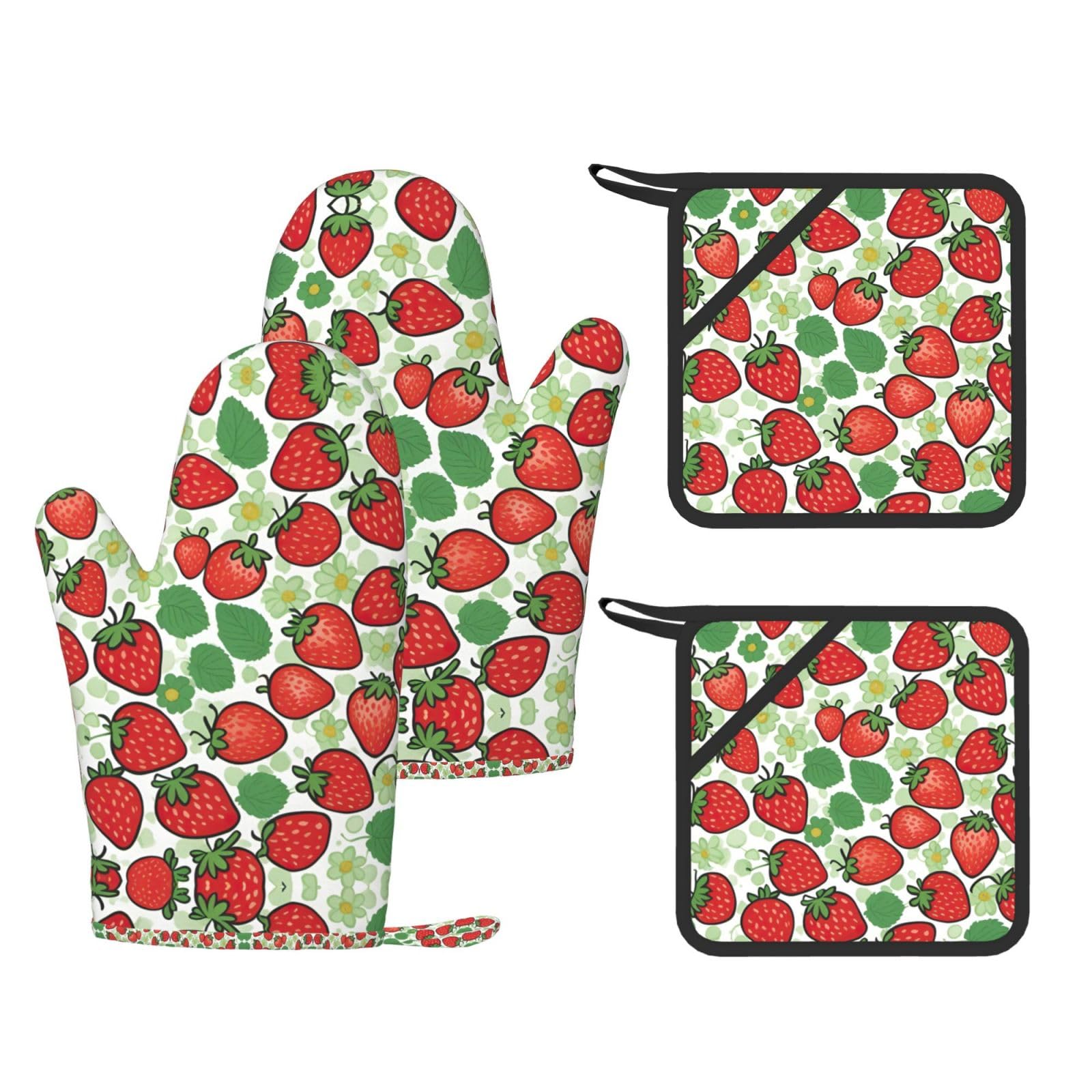 Strawberry pattern Stylish Printed Kitchen Set Including Heat Resistant Gloves and Non-Slip Hot Pads for Cooking BBQ