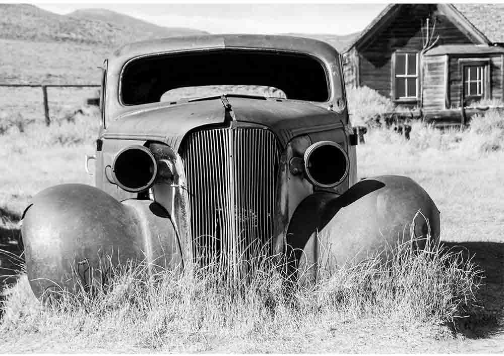 wall26 - Old Abandoned Car in Black and White Has Seen Better Days - Removable Wall Mural | Self-Adhesive Large Wallpaper - 66x96 inches