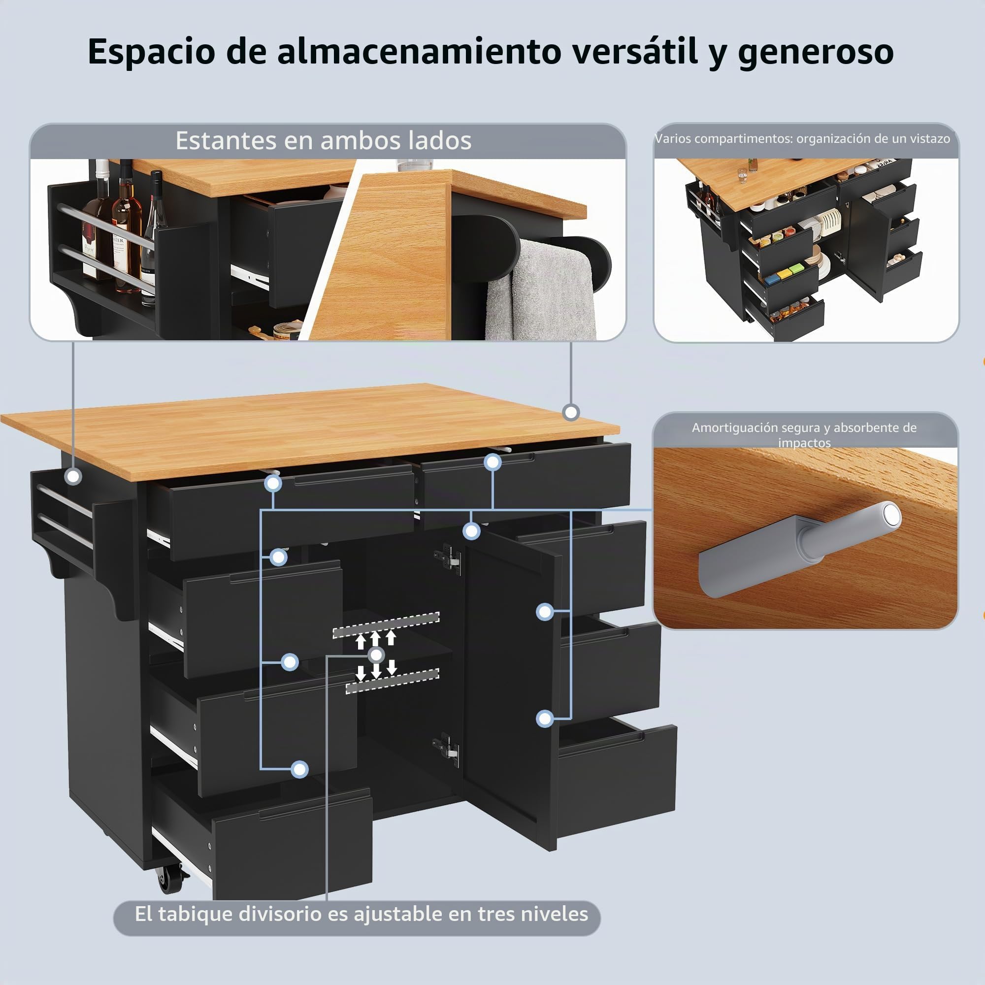 Isla de cocina, moderno armario de cocina, carro de cocina extensible con ruedas y superficie de trabajo, carro de servicio con especiero y 8 cajones